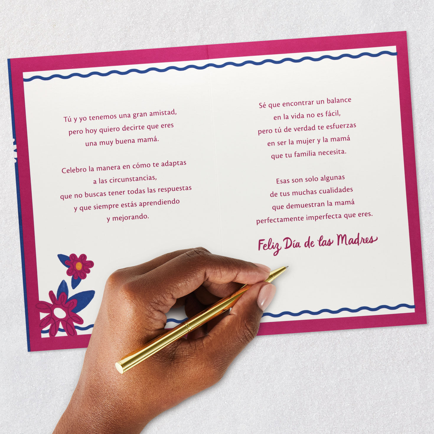 Bright Flowers on Blue Friend Mother's Day Card in Spanish Signing card image number 7