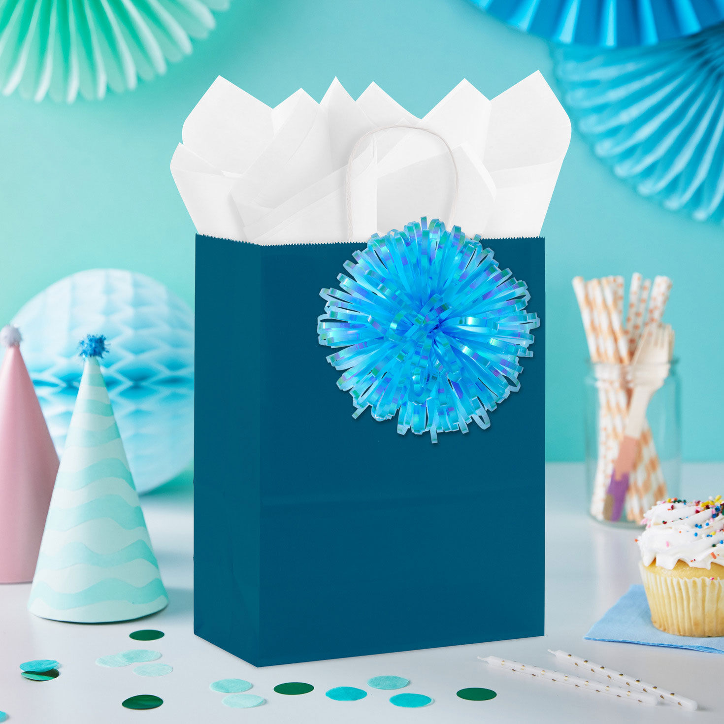 Translucent Turquoise Looped Pom-Pom Gift Bow In use image number 2