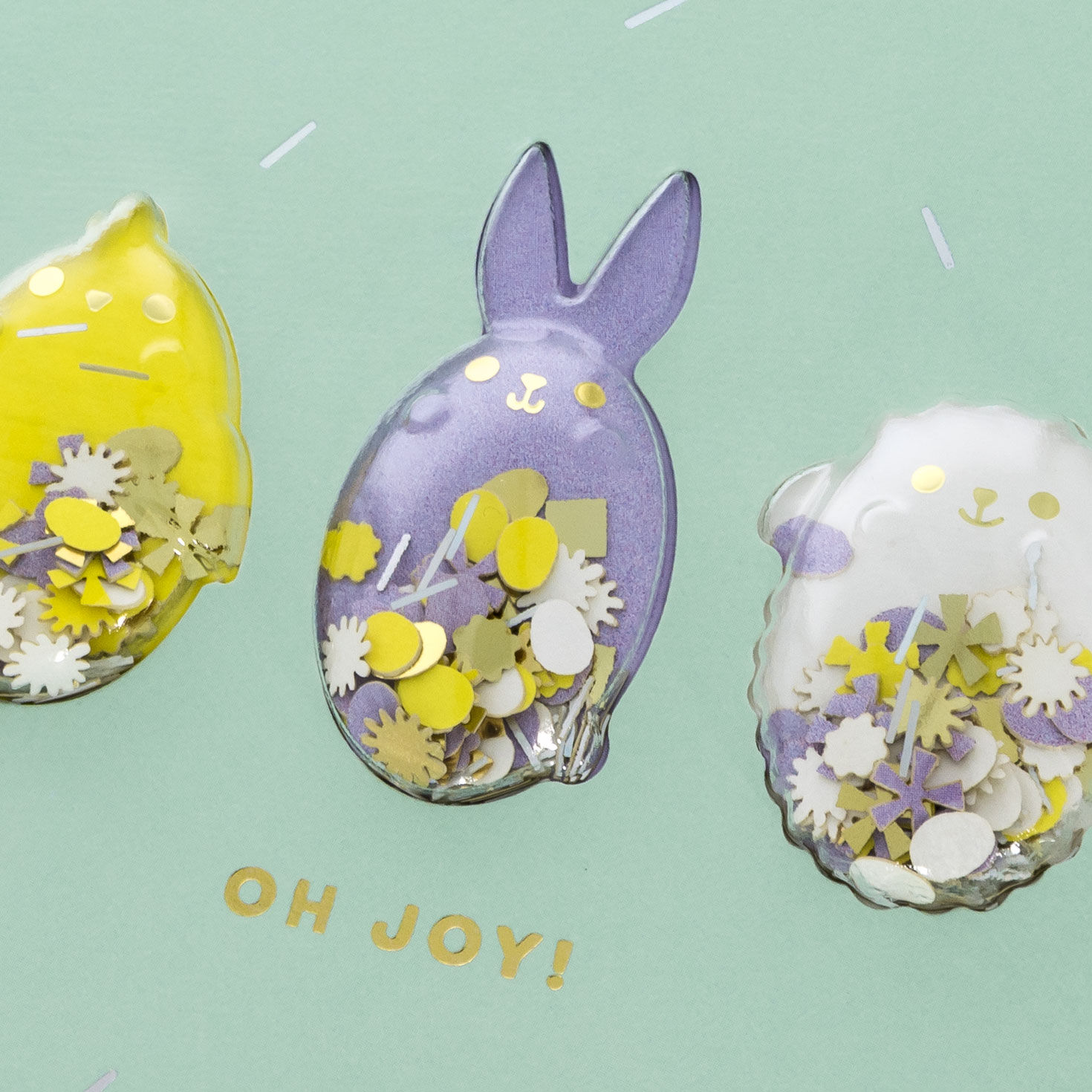 Chicken, Bunny, Lamb with Confetti Green Easter Card Card Front Detail image number 4