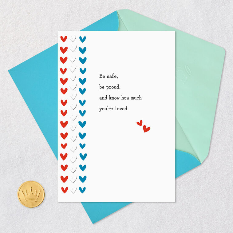 Red, White and Blue Hearts Military Deployment Card Card Front with Envelope and Gold Seal image number 5