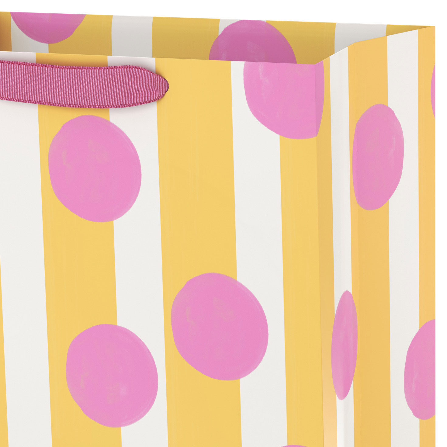 Pink Polka Dots on Yellow and White Stripes Large Bag Handle Detail image number 4