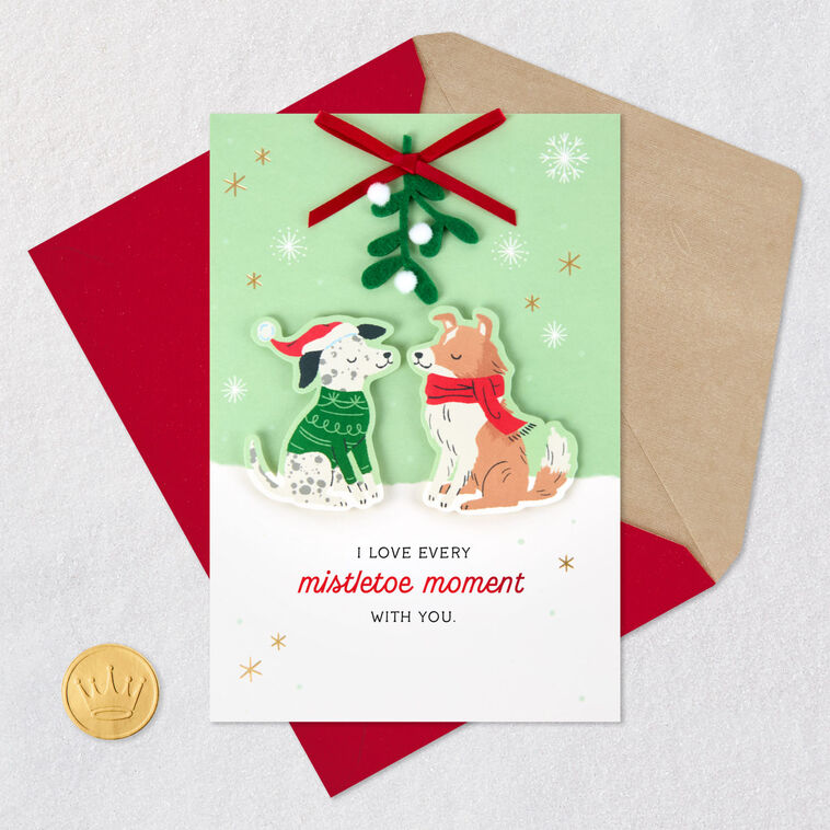 Cute Dogs Under Mistletoe Romantic Christmas Card Card Front with Envelope and Gold Seal image number 6