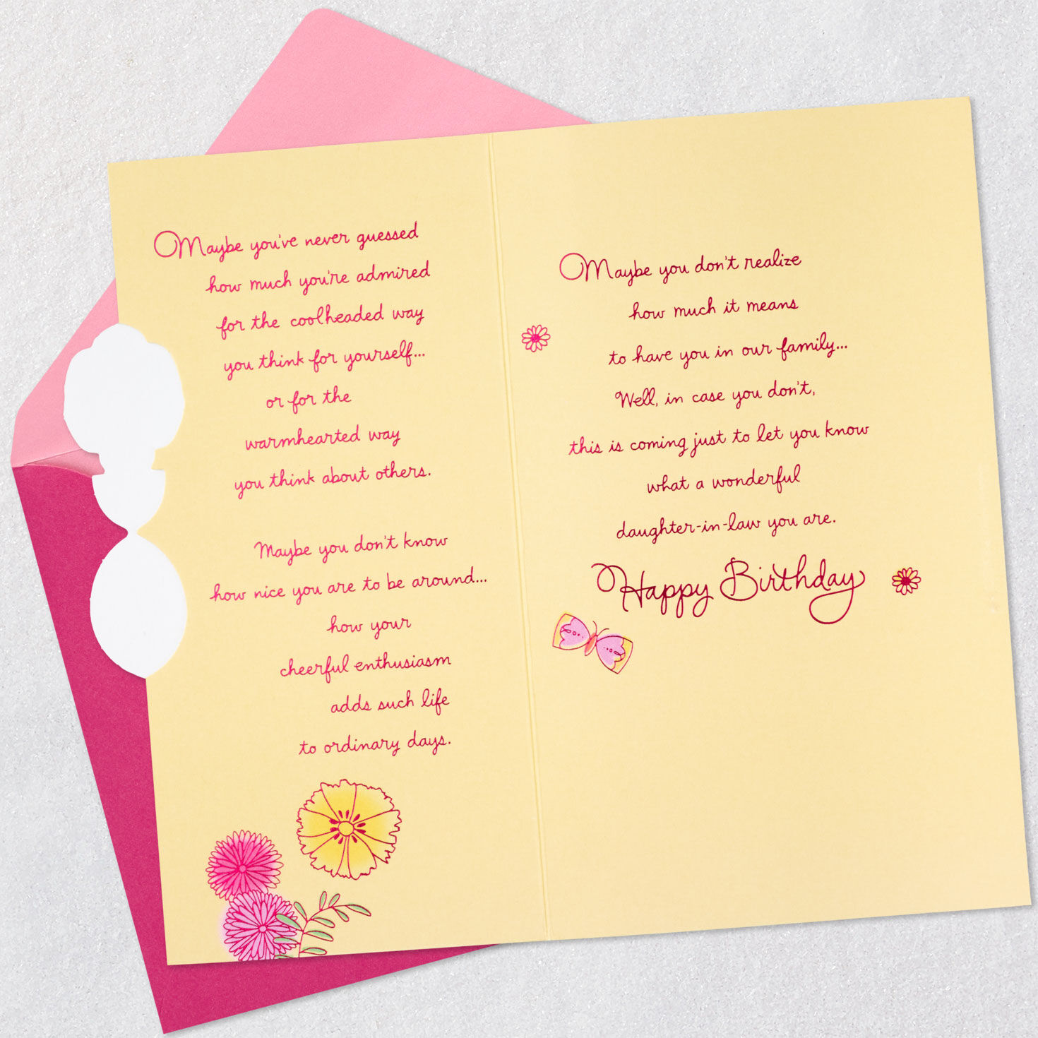 Butterfly and Flowers Daughter-in-Law Birthday Card Open card with envelope image number 5