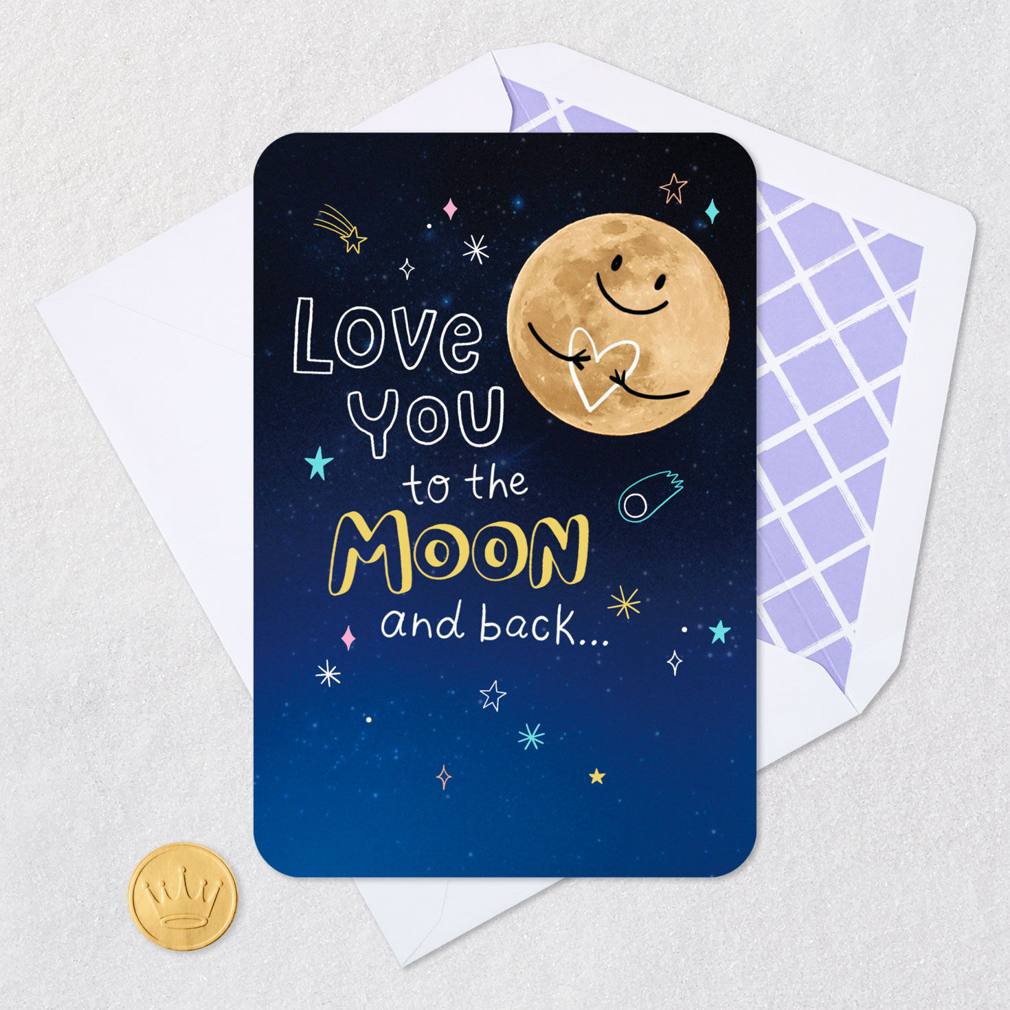 Moon, Stars and Heart Doodles Love Card for Kids Card Front with Envelope and Gold Seal image number 5