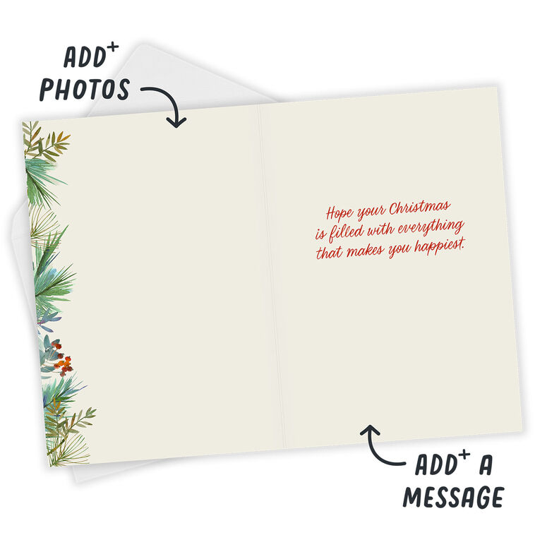 Winter Greens and Tag on Photo Frame Christmas Card Open Card with Envelope indicating personalization image number 4