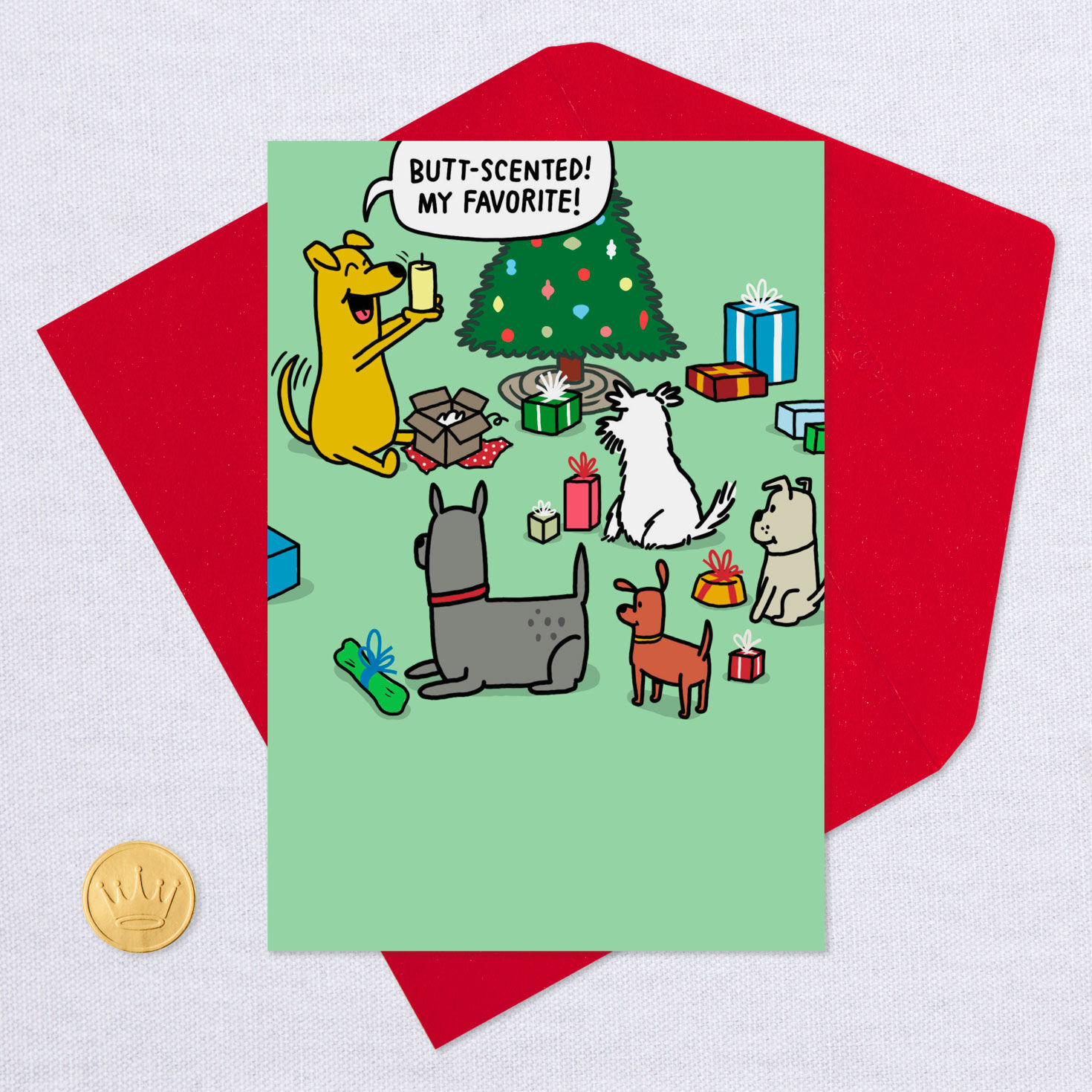 Dog Opening Presents Funny Christmas Card Card Front with Envelope and Gold Seal image number 5
