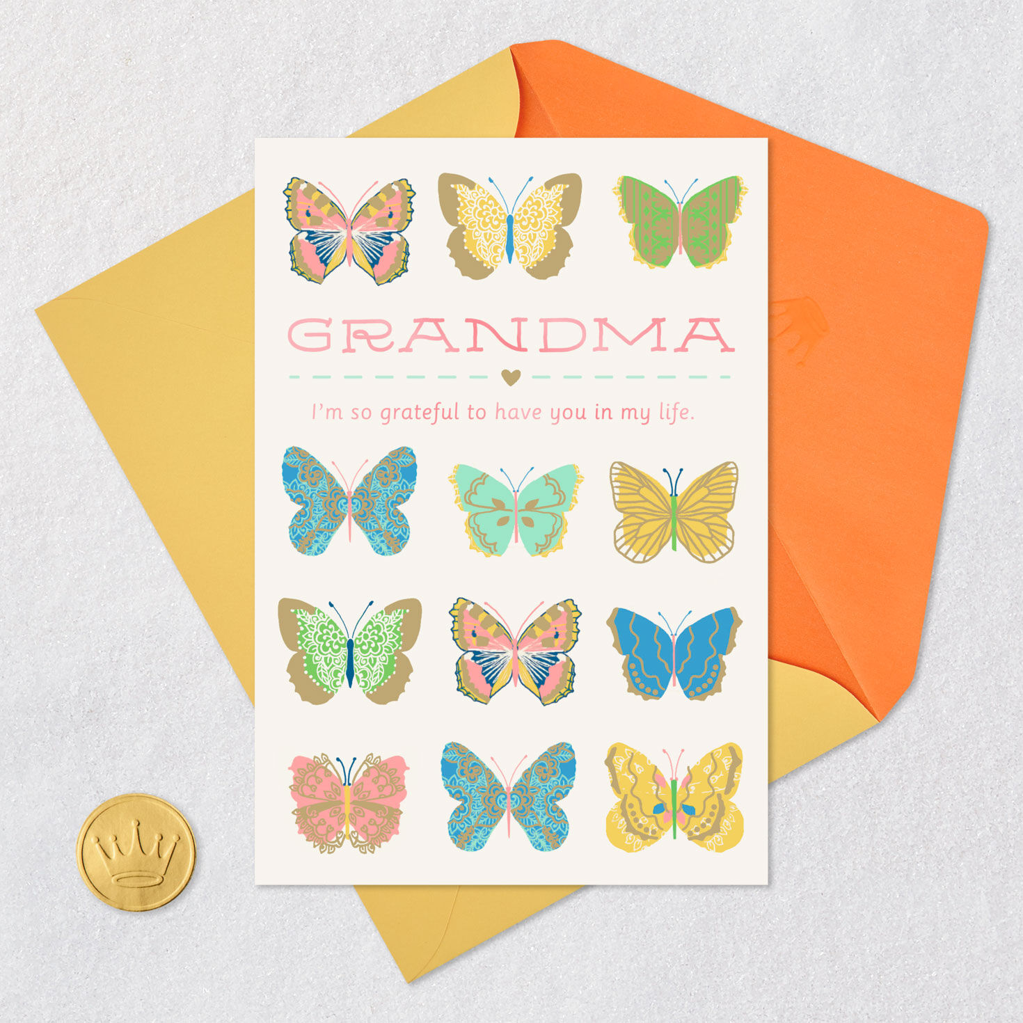 Blue, Green, Peach Butterflies Easter Card for Grandma Card Front with Envelope and Gold Seal image number 5