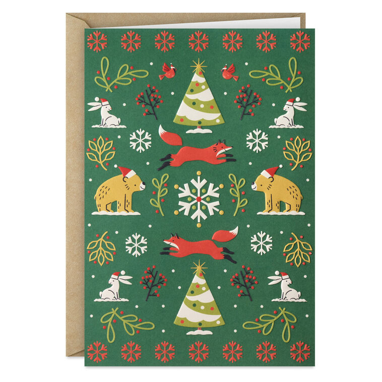 Bear and Fox on Forest Green Boxed Christmas Cards Card Front with envelope image number 2