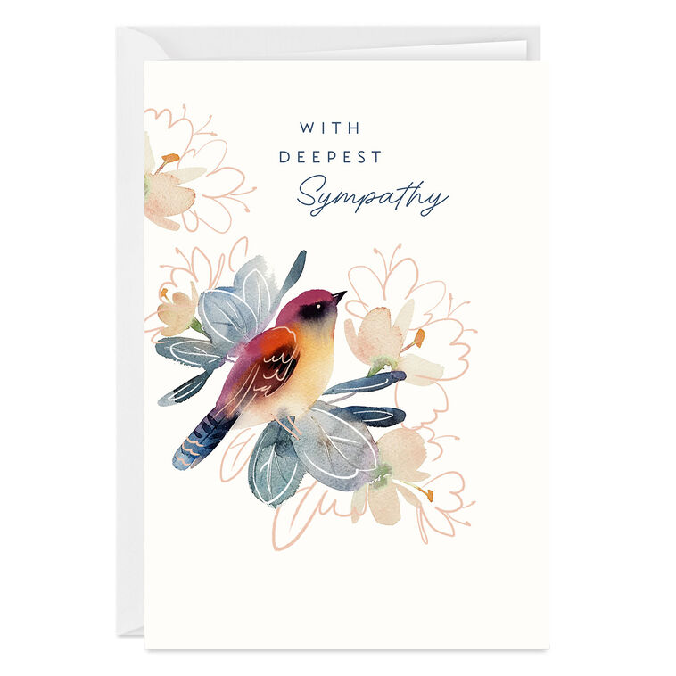 Watercolor Bird and Flowers Custom Sympathy Card