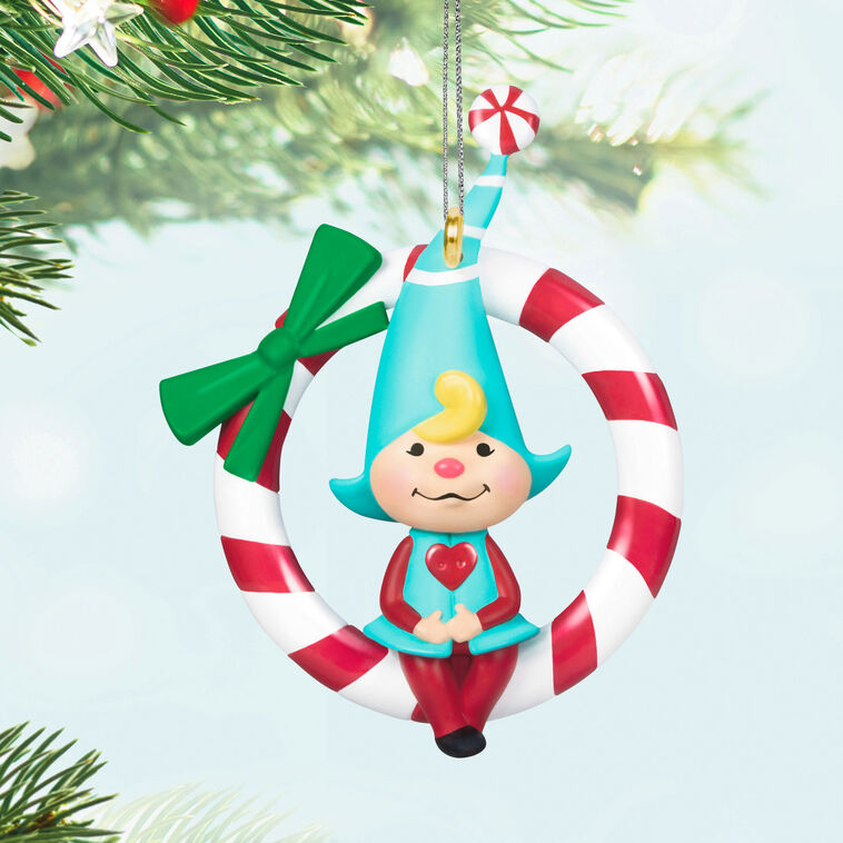 Girl Gnome in Red White Wreath Keepsake Ornament Hanging on tree image number 2