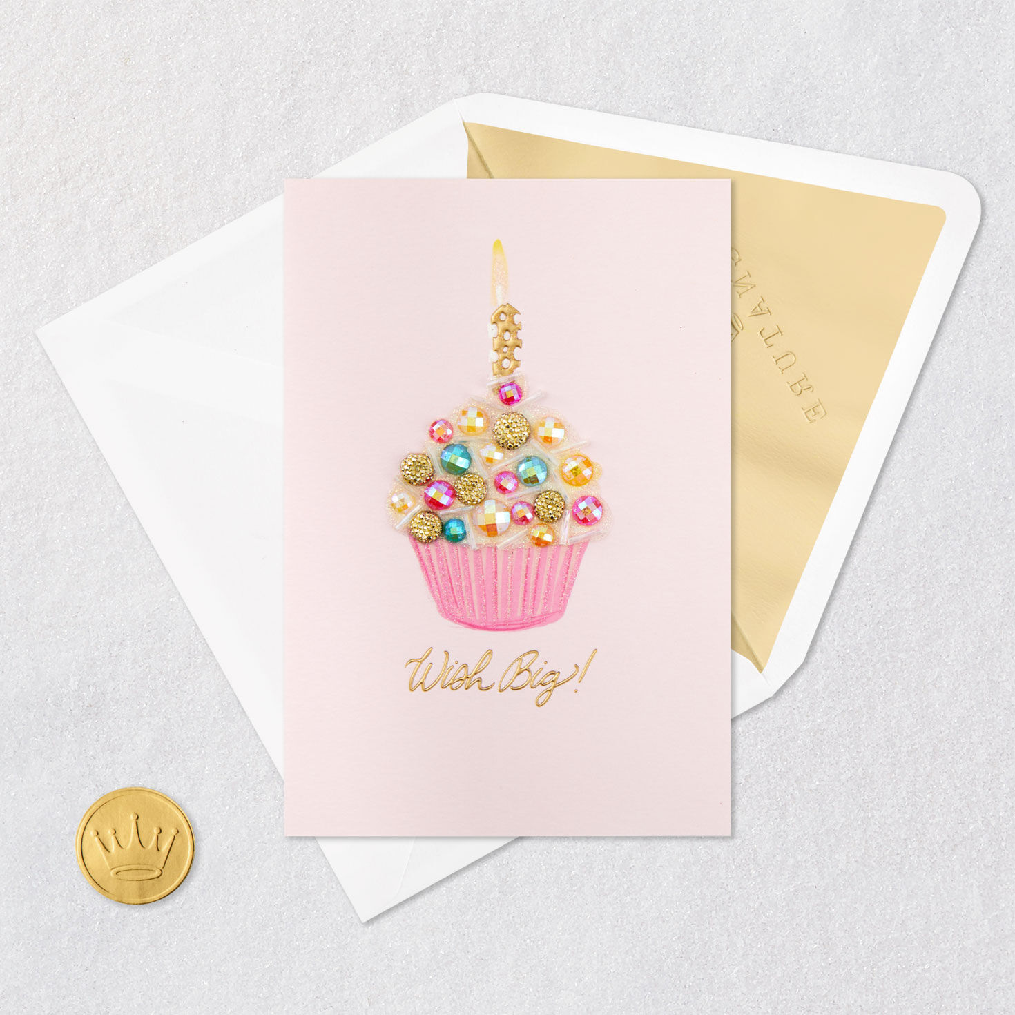 Pink Glittery Cupcake Birthday Card Card Front with Envelope and Gold Seal image number 5