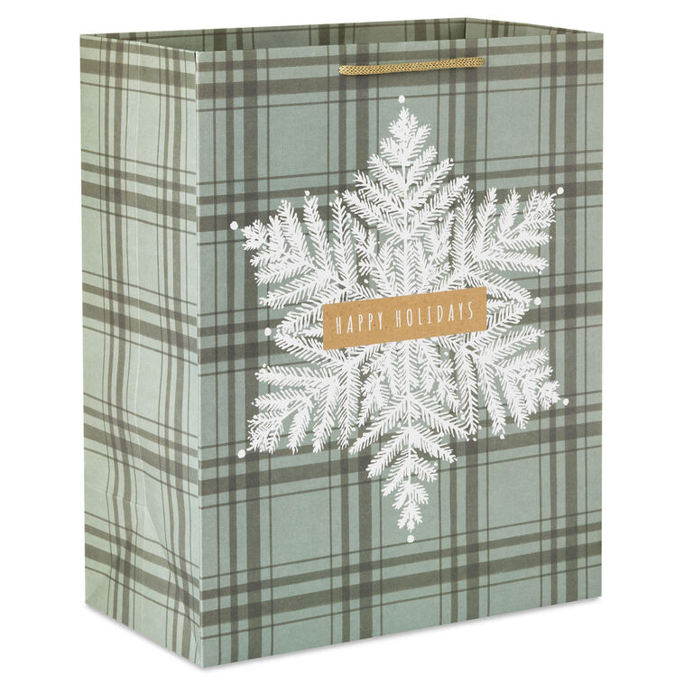 13" Snowflake on Sage Plaid Large Holiday Gift Bag