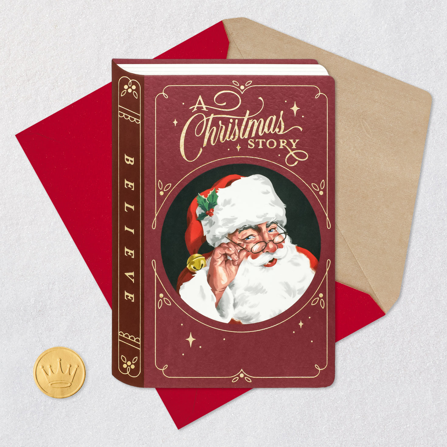 Burgundy Pop-Up Santa Storybook Christmas Card Card Front with Envelope and Gold Seal image number 7