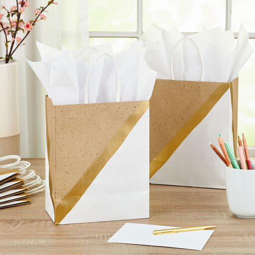 9.6" White and Kraft Paper 8-Pack Gift Bags, 