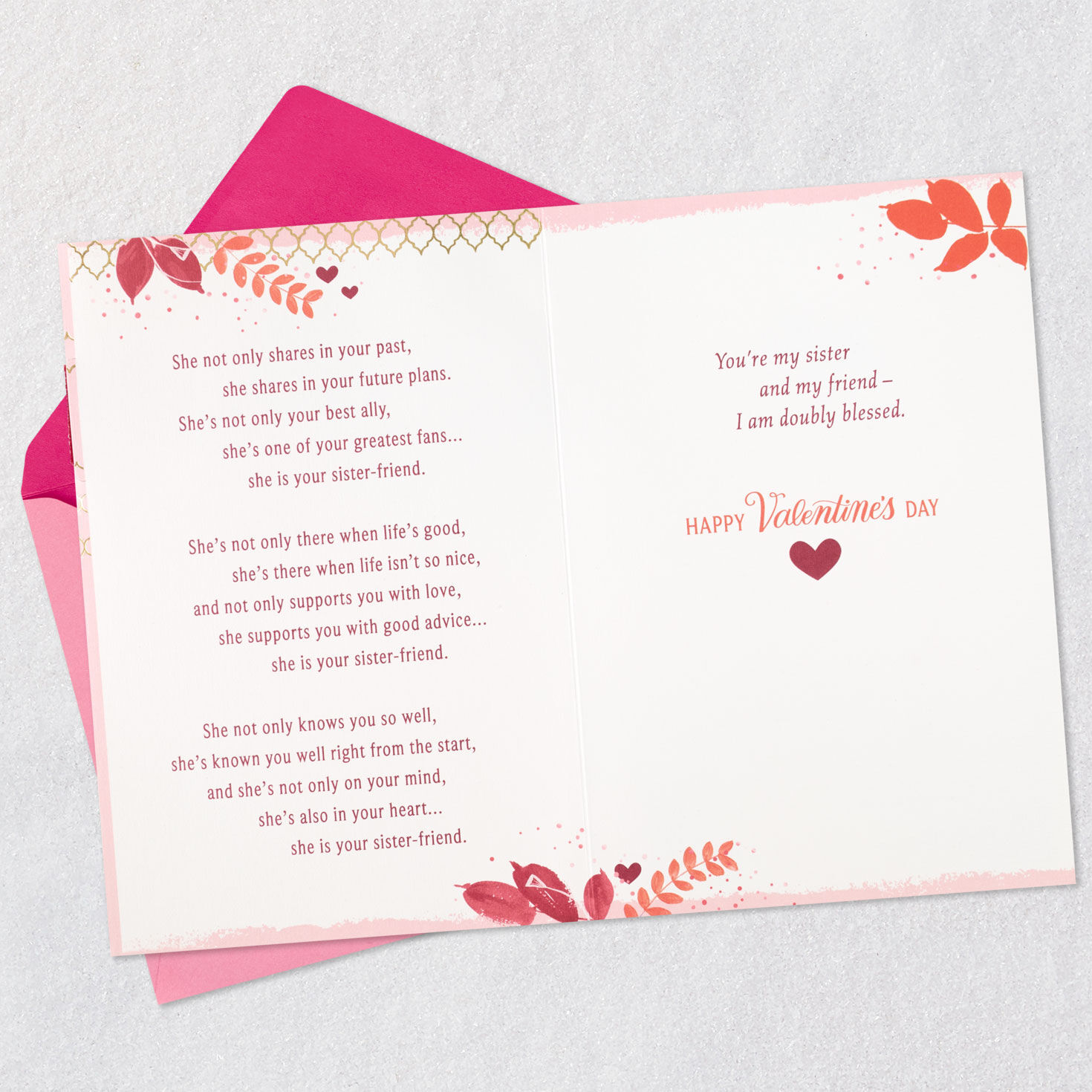 Hearts and Leaves Sister Valentine's Day Card Open card with envelope image number 4