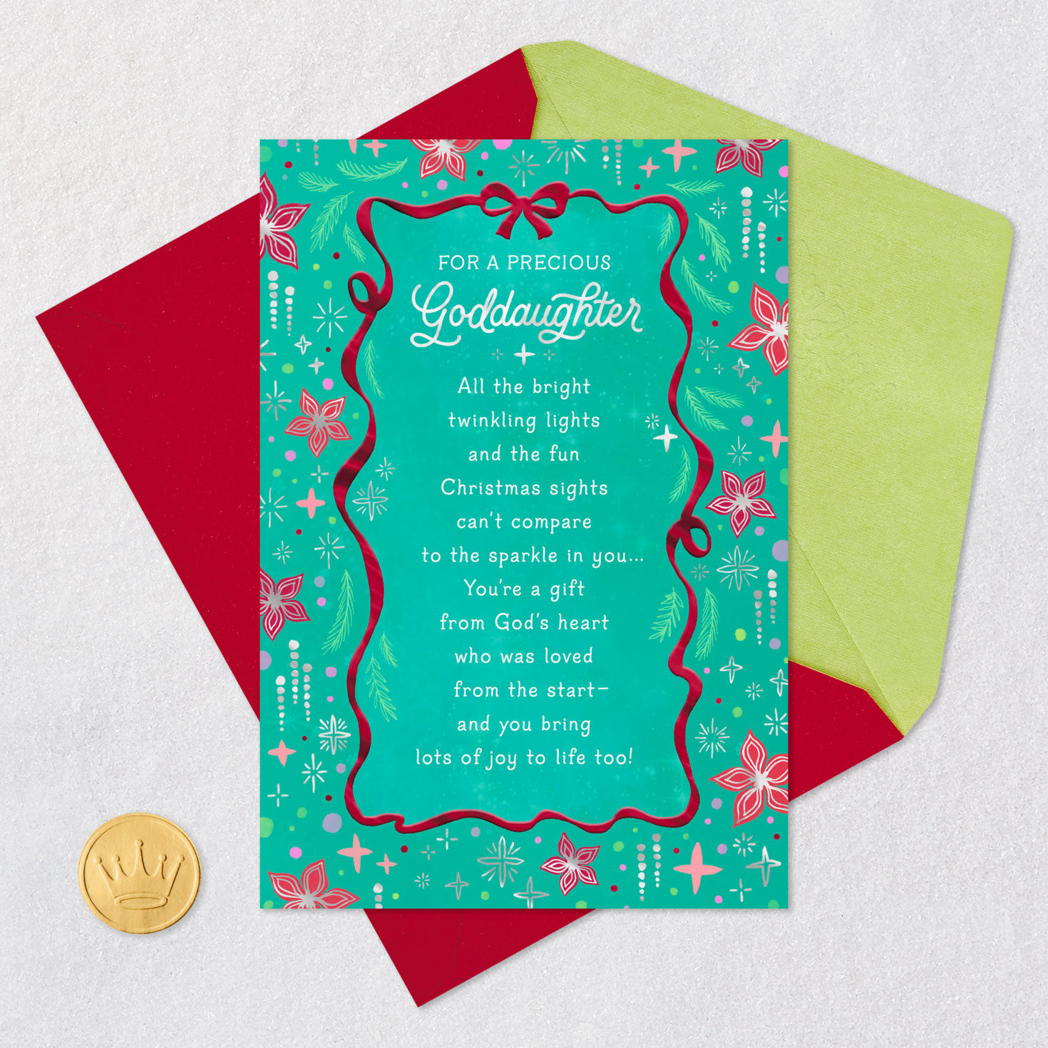 Red Ribbon Religious Goddaughter Christmas Card Card Front with Envelope and Gold Seal image number 6