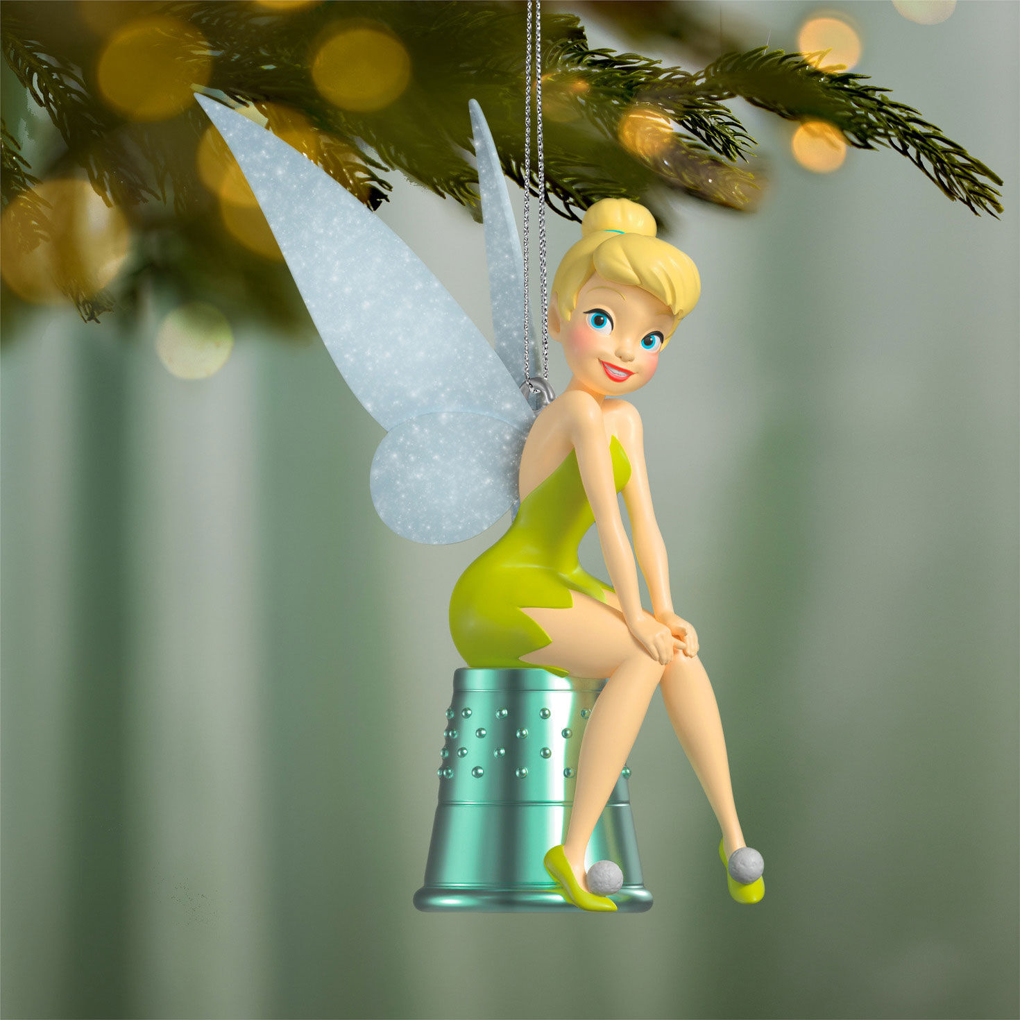 Tinker Bell on Thimble Keepsake Ornament Hanging on tree image number 2