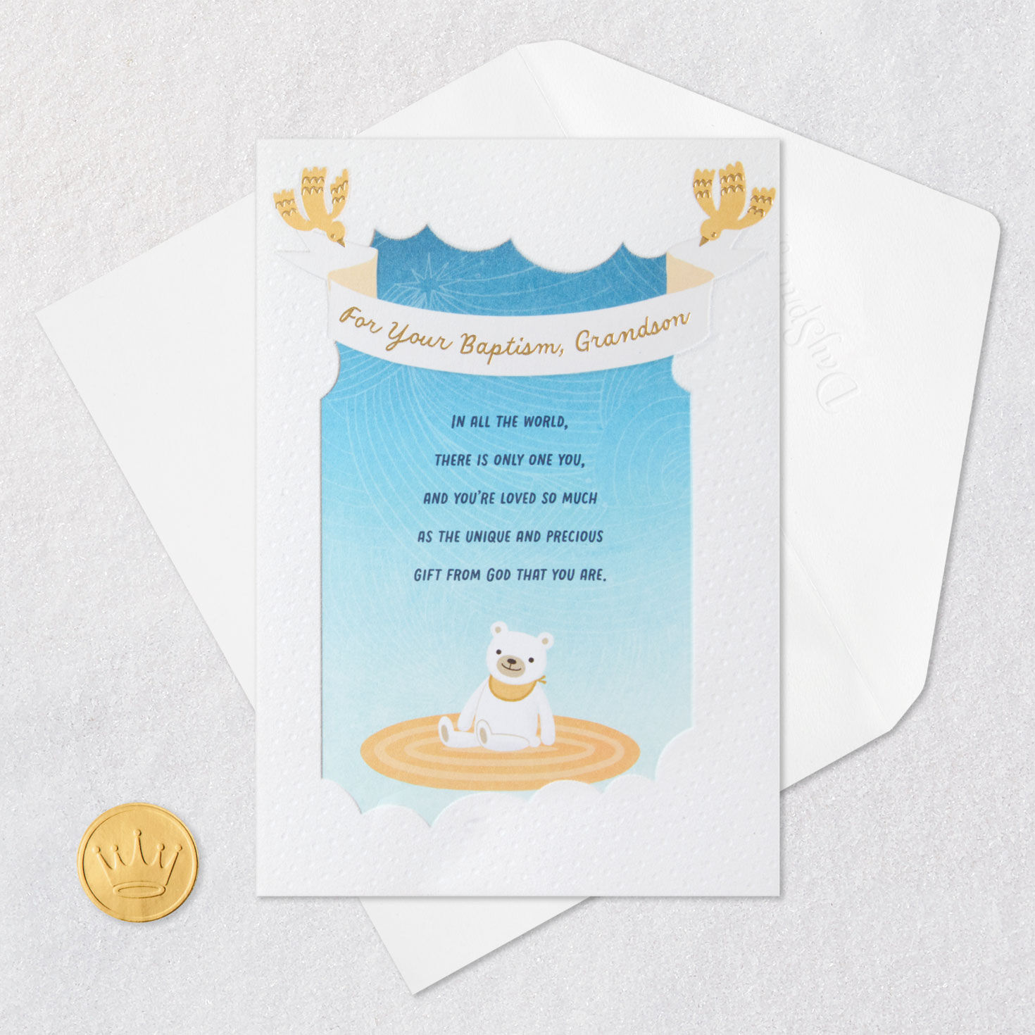 Teddy Bear on Blue Christian Baptism Card for Grandson Card Front with Envelope and Gold Seal image number 6