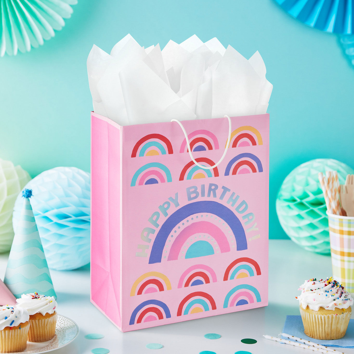 Mod Rainbows Large Birthday Gift Bag In use image number 2