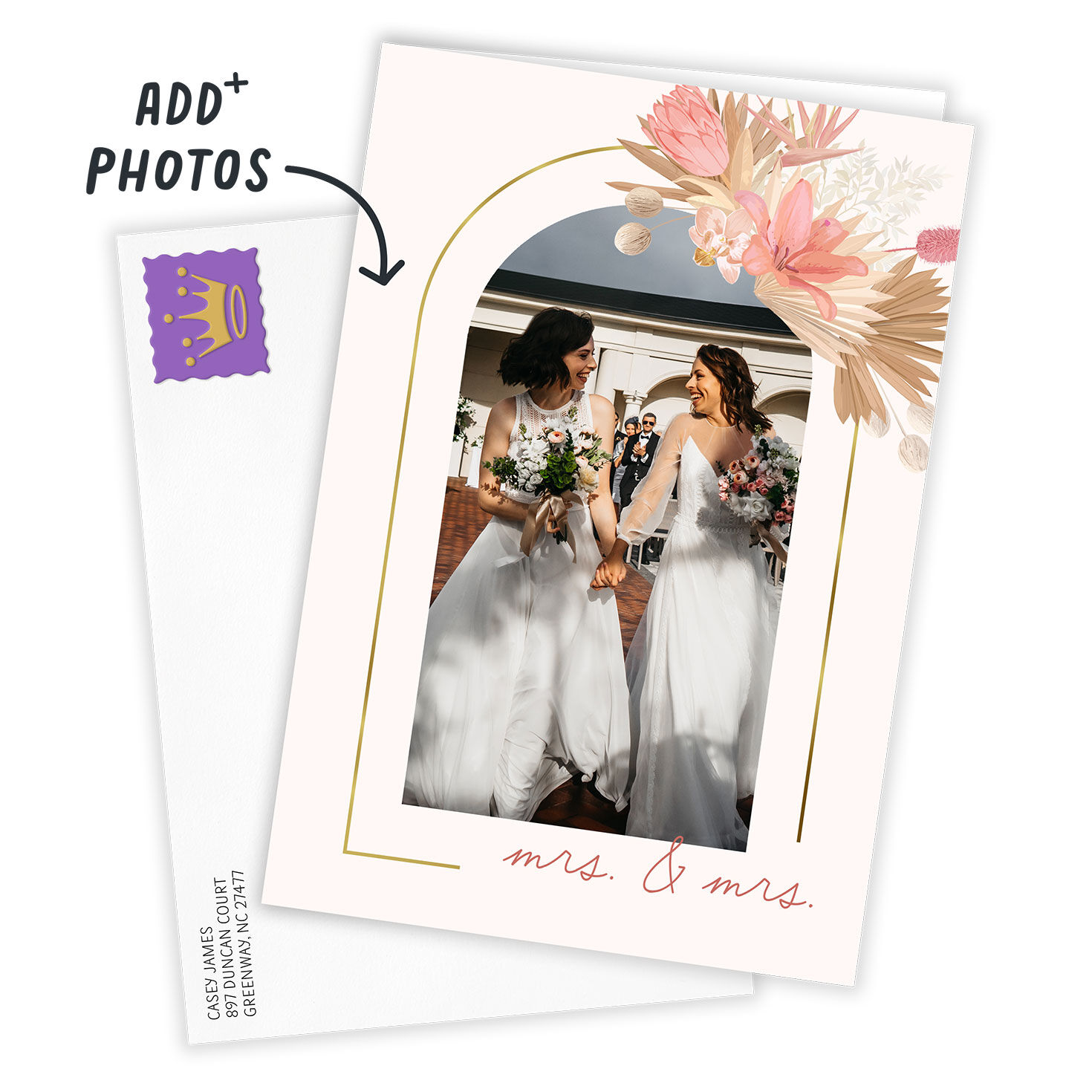 Gold Arch & Pink Flowers Folded Wedding Photo Card  image number 2