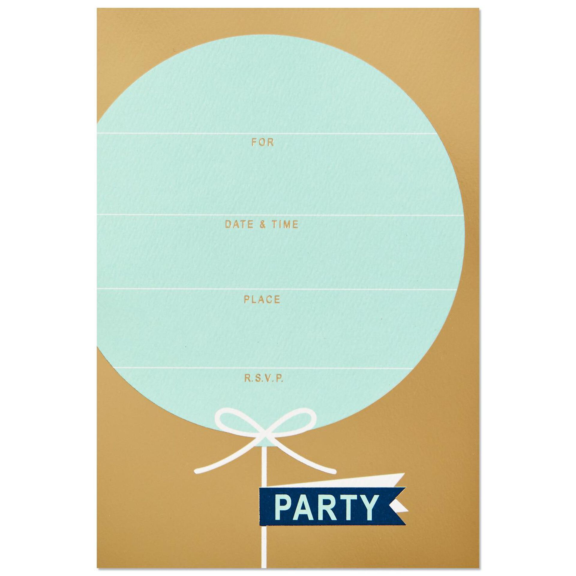 Blue Balloon on Gold Birthday Party Invitation, Box of 12 Invitations