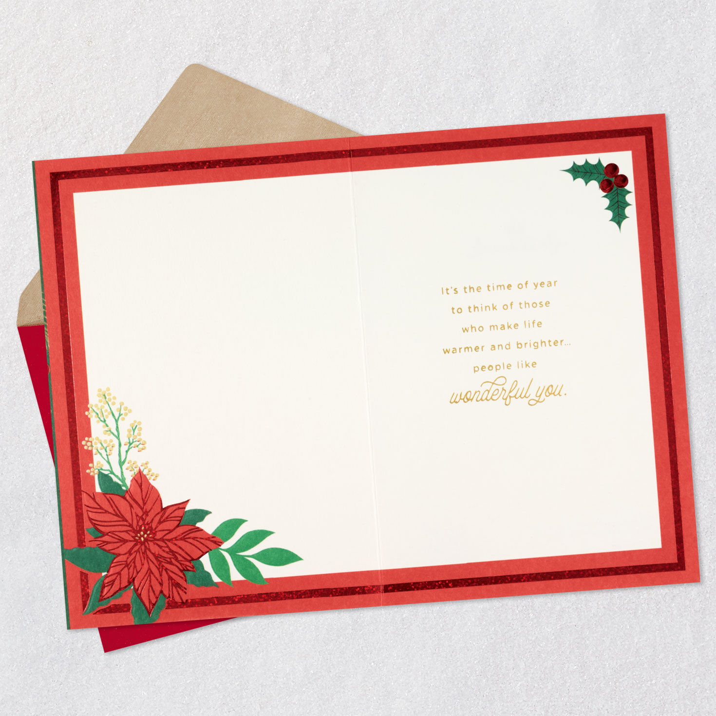 Poinsettia Wreath on Green Christmas Card Open card with envelope image number 3