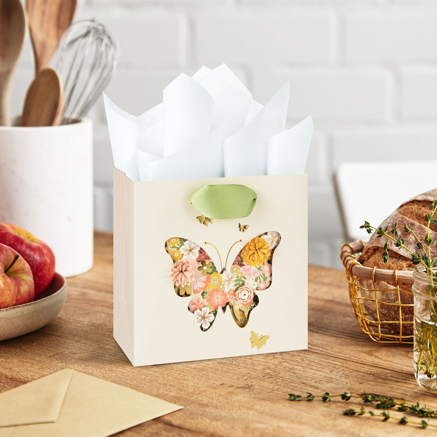Flowery Butterfly on Ivory Small Gift Bag in use image number 2