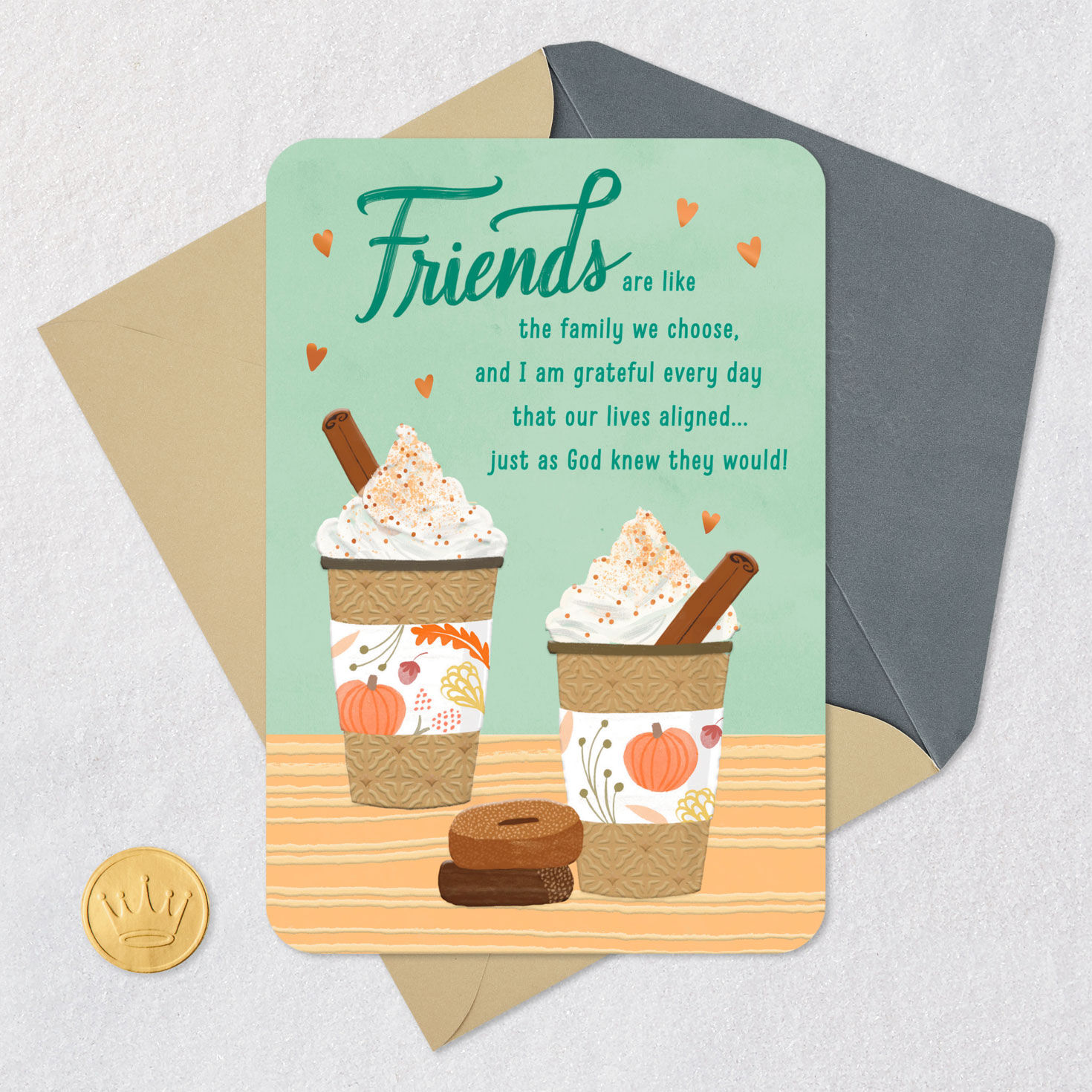 Fall Lattes and Donut Thanksgiving Card for Friend Card Front with Envelope and Gold Seal image number 6