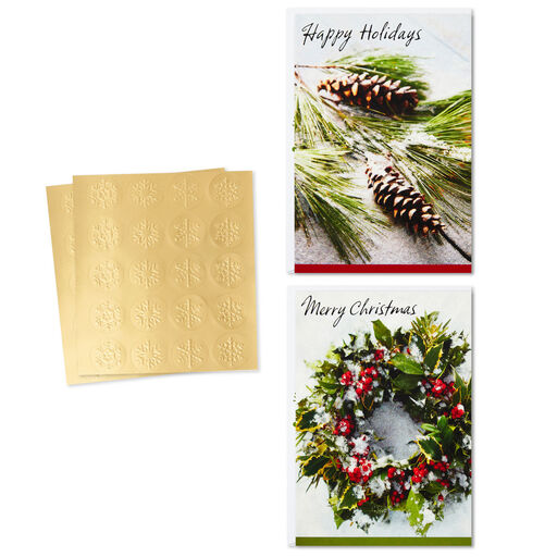 Wreath and Pine Branch Boxed Christmas Cards With Seals, Pack of 40, 