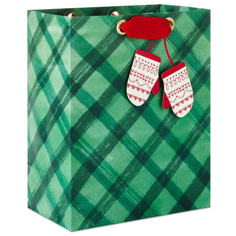 9.6" Green Plaid With Mittens Christmas Gift Bag, , large