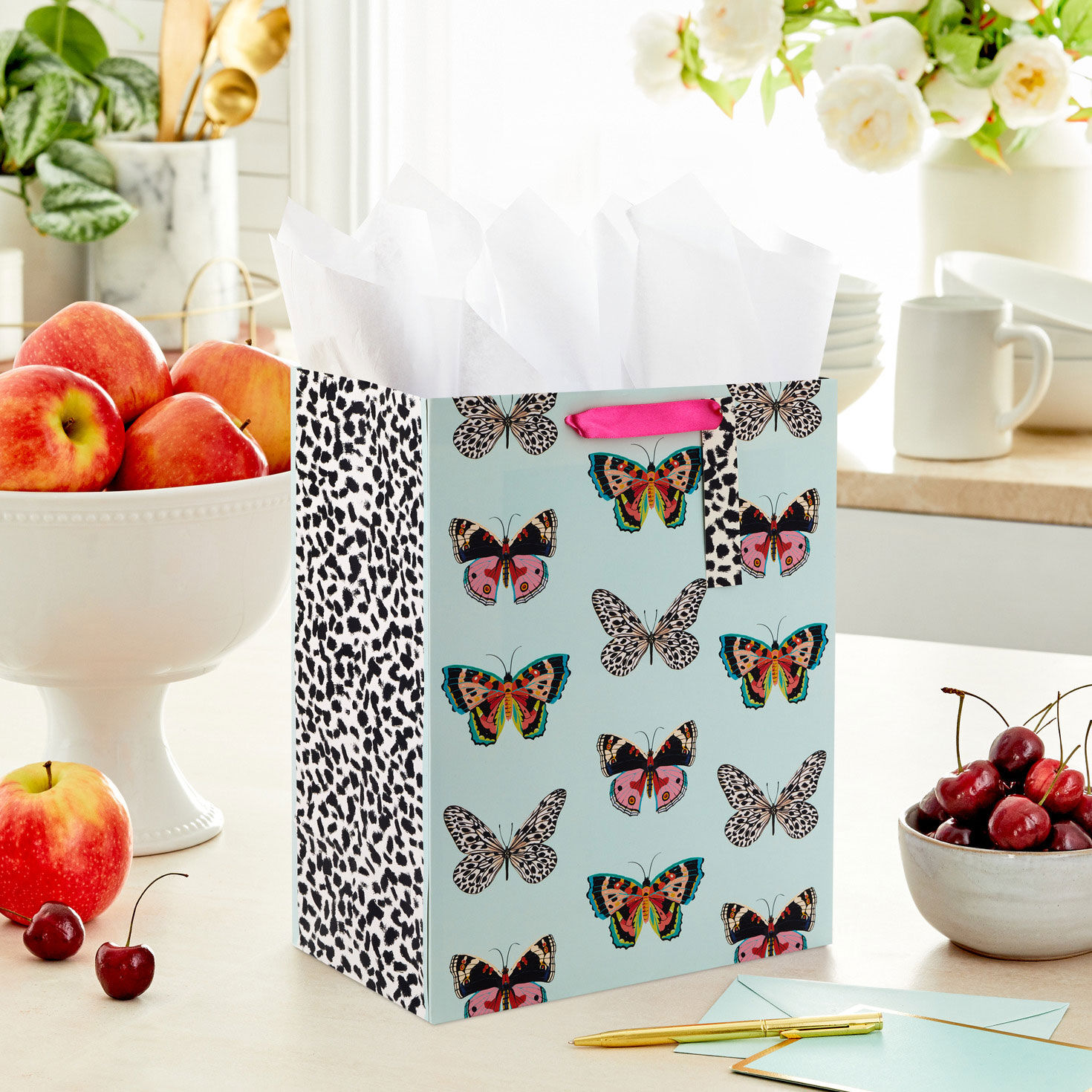 Butterflies on Mint Large Gift Bag In use image number 2