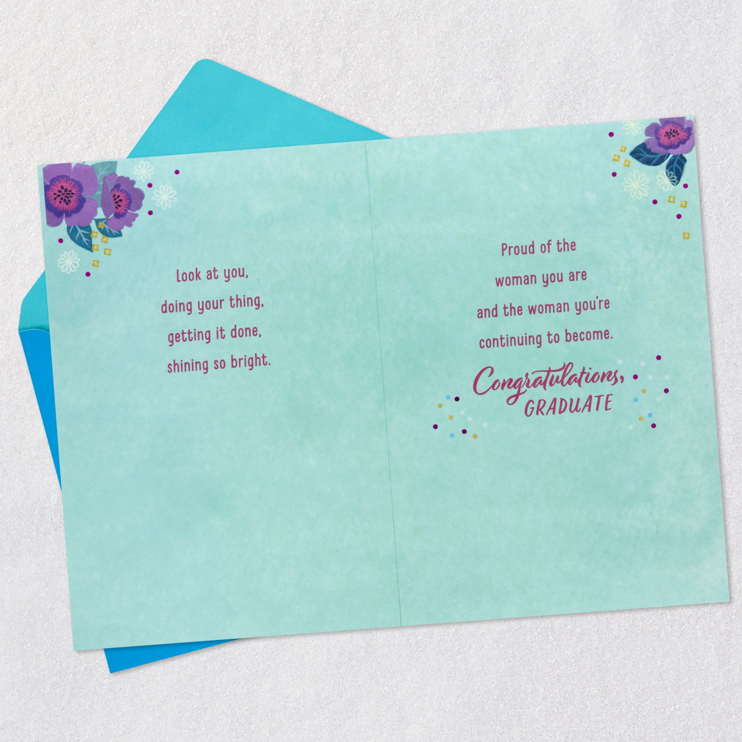 Grad in Blue Floral Gown Graduation Card for Her Open card with envelope image number 4