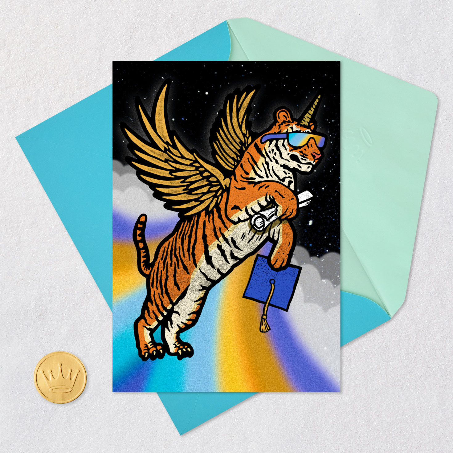 Tiger Unicorn in Space Funny Graduation Card Card Front with Envelope and Gold Seal image number 5