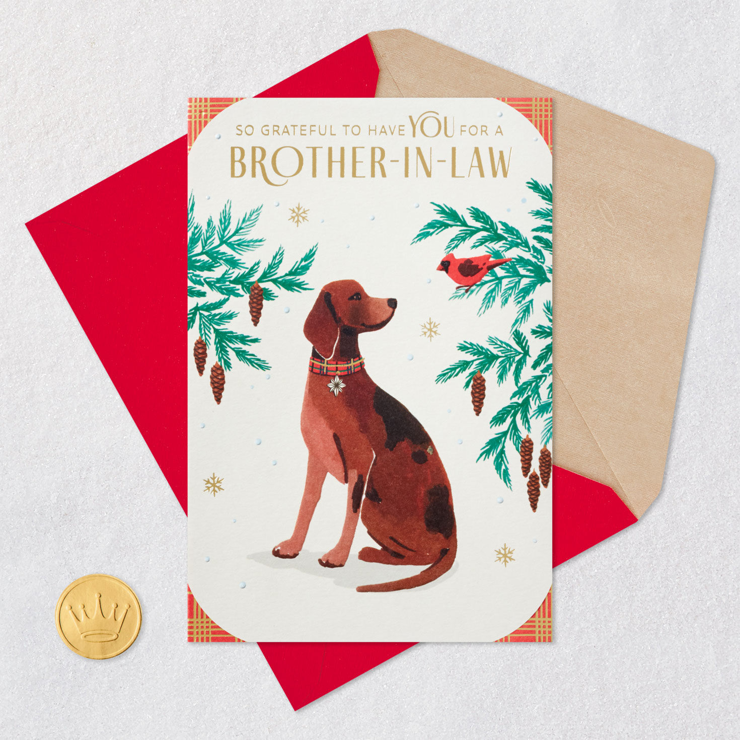 Dog and Cardinal Brother-in-Law Christmas Card Card Front with Envelope and Gold Seal image number 6
