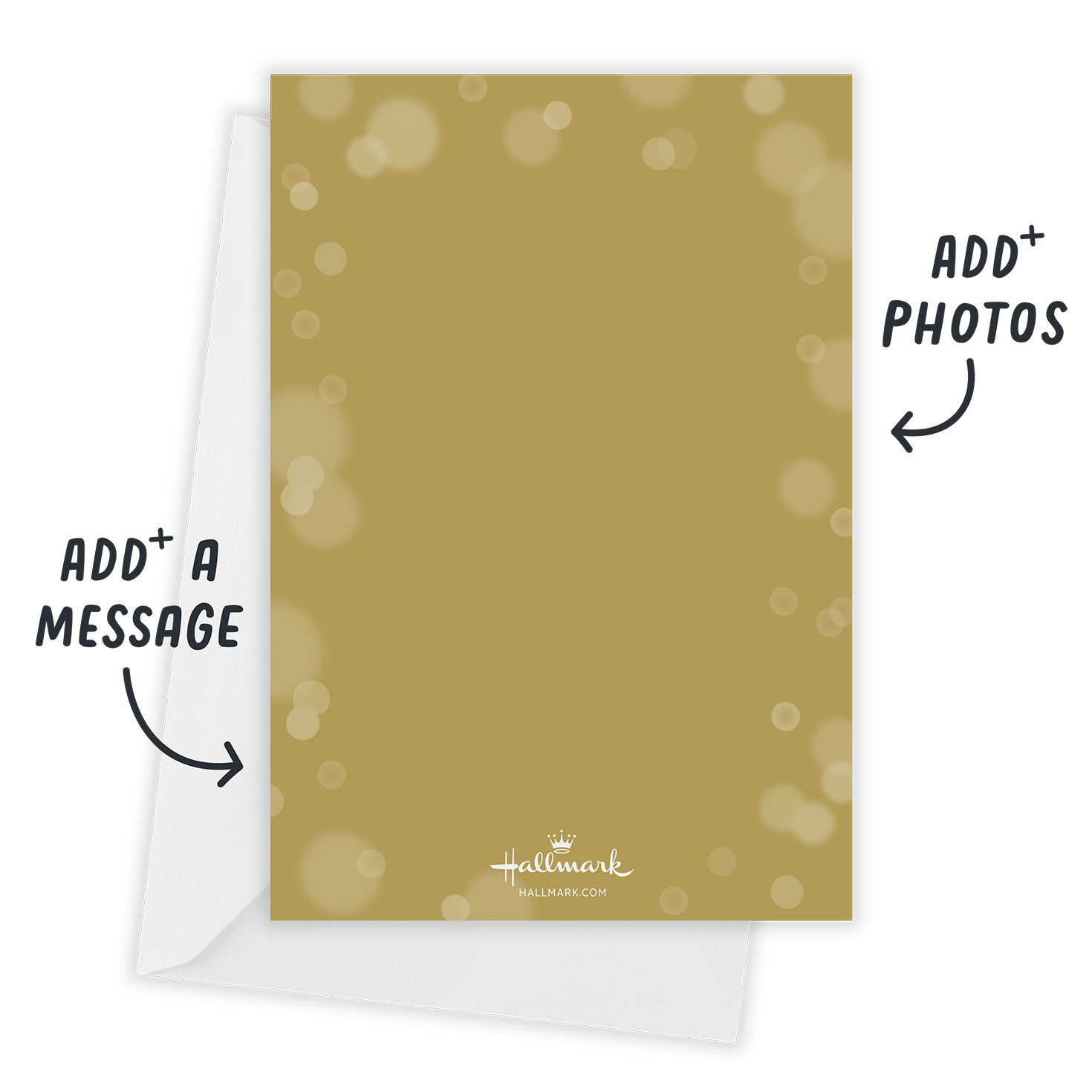 Faded Gold Bubbles Personalized Christmas Photo Card Card back with Envelope indicating personalization image number 3