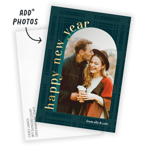 Arch on Green Plaid Flat New Year Photo Card, 