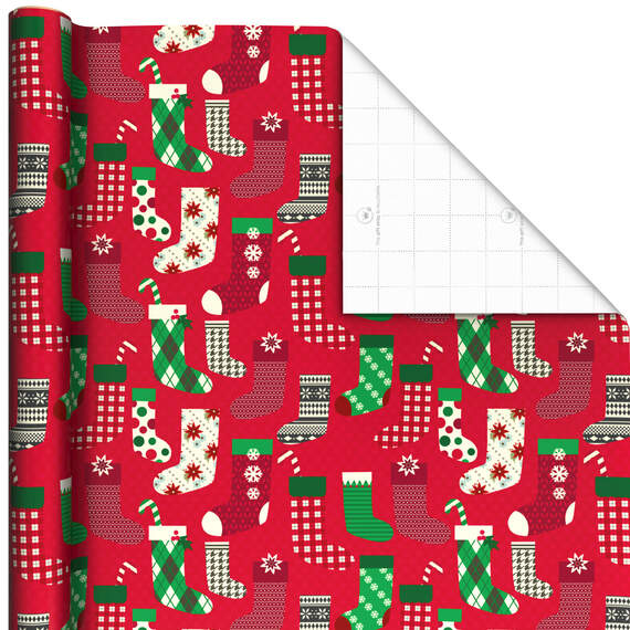 Stockings on Red Jumbo Christmas Wrapping Paper, 90 sq. ft.