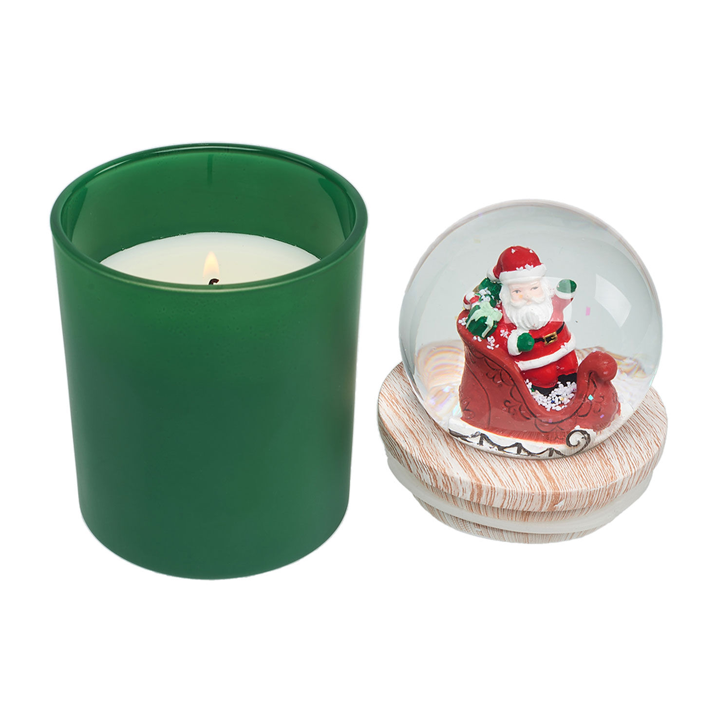 Green Under Mistletoe Candle Santa Sleigh Snow Globe lid off lit image number 2