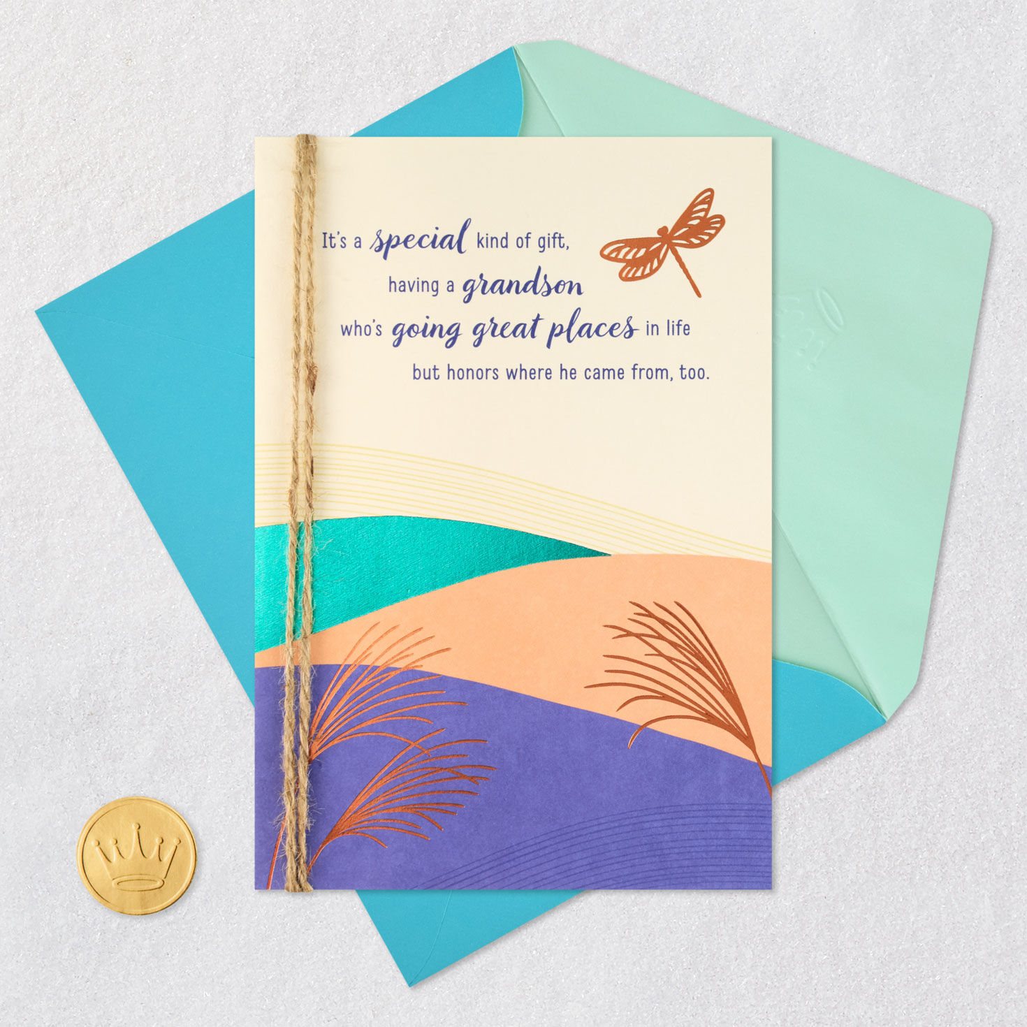 Bronze Dragonfly and Abstract Landscape Grandson Birthday Card Card Front with Envelope and Gold Seal image number 6