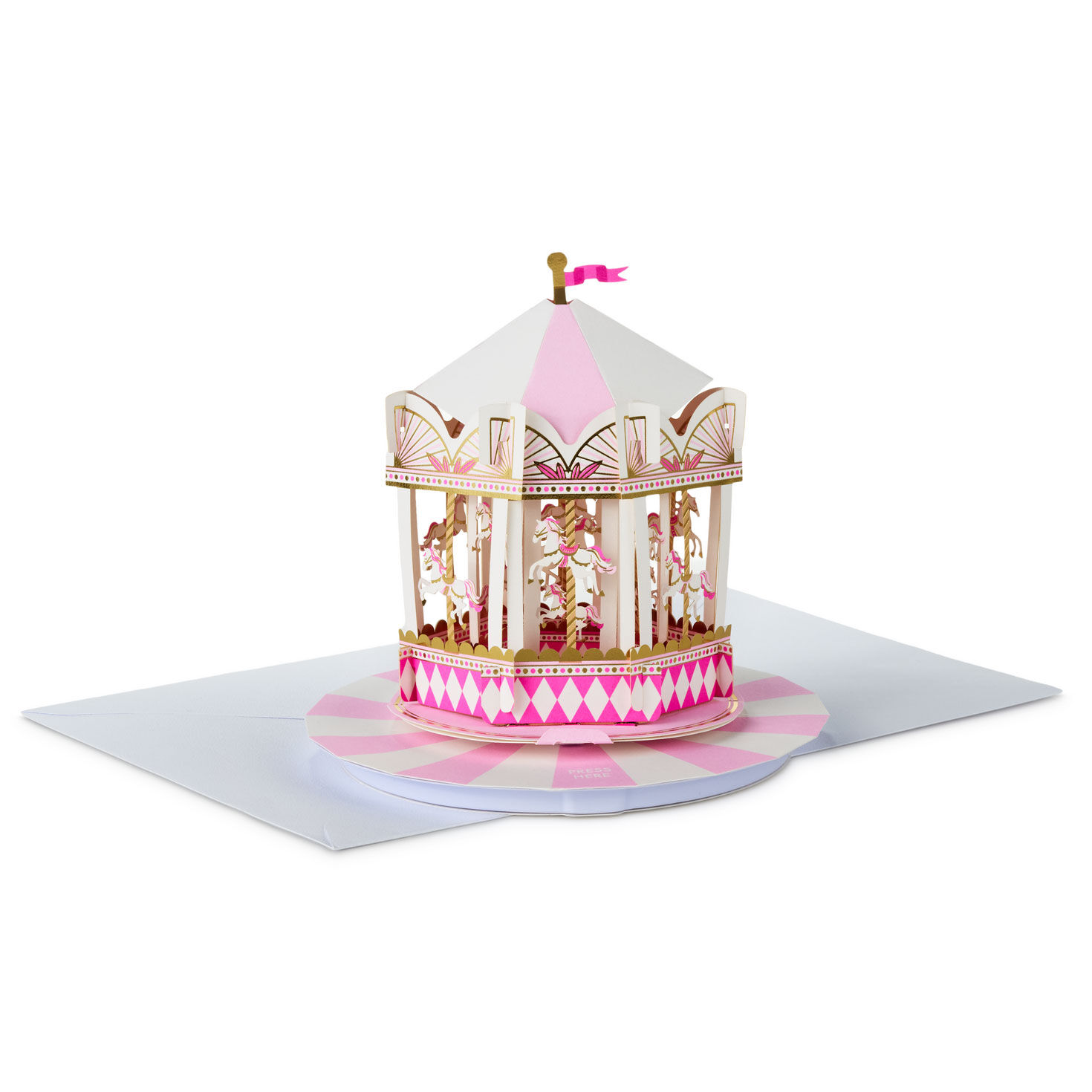 Pink Carousel Musical Pop-Up Birthday Card Front with envelope image number 2