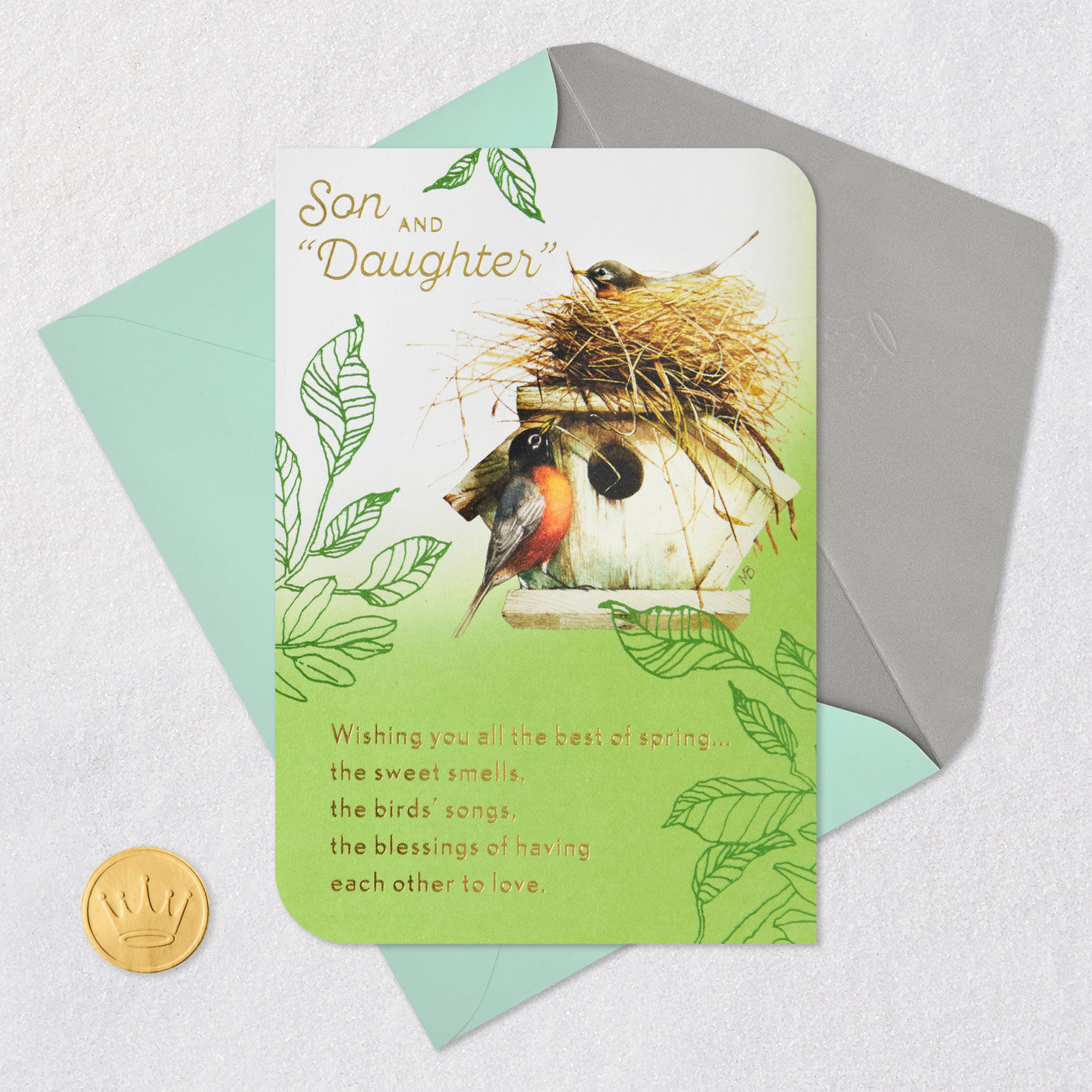 Robins in Birdhouse Easter Card for Son and Daughter-in-Law Card Front Detail image number 5