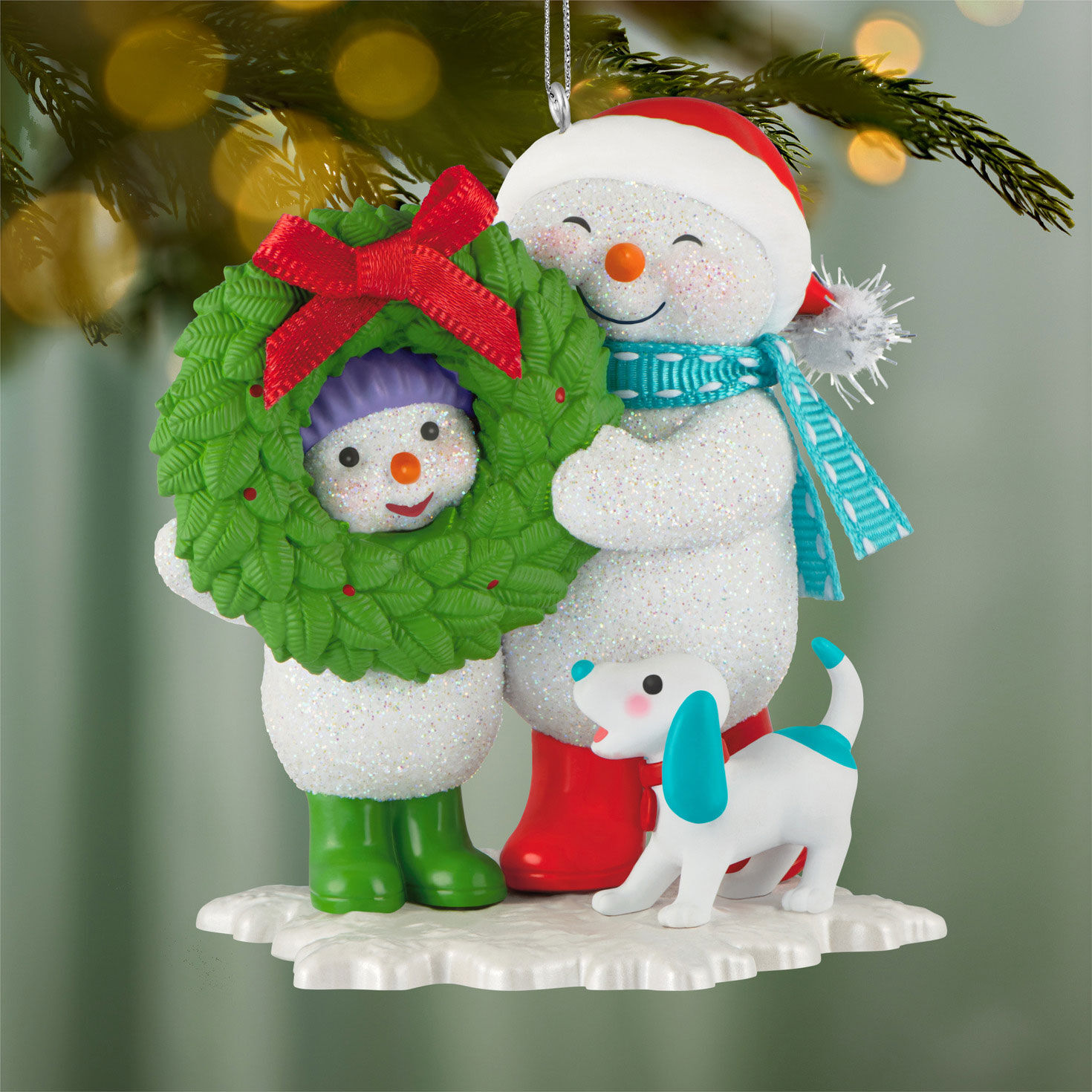Snowmen With Wreath and Dog Keepsake Ornament hanging on tree image number 2