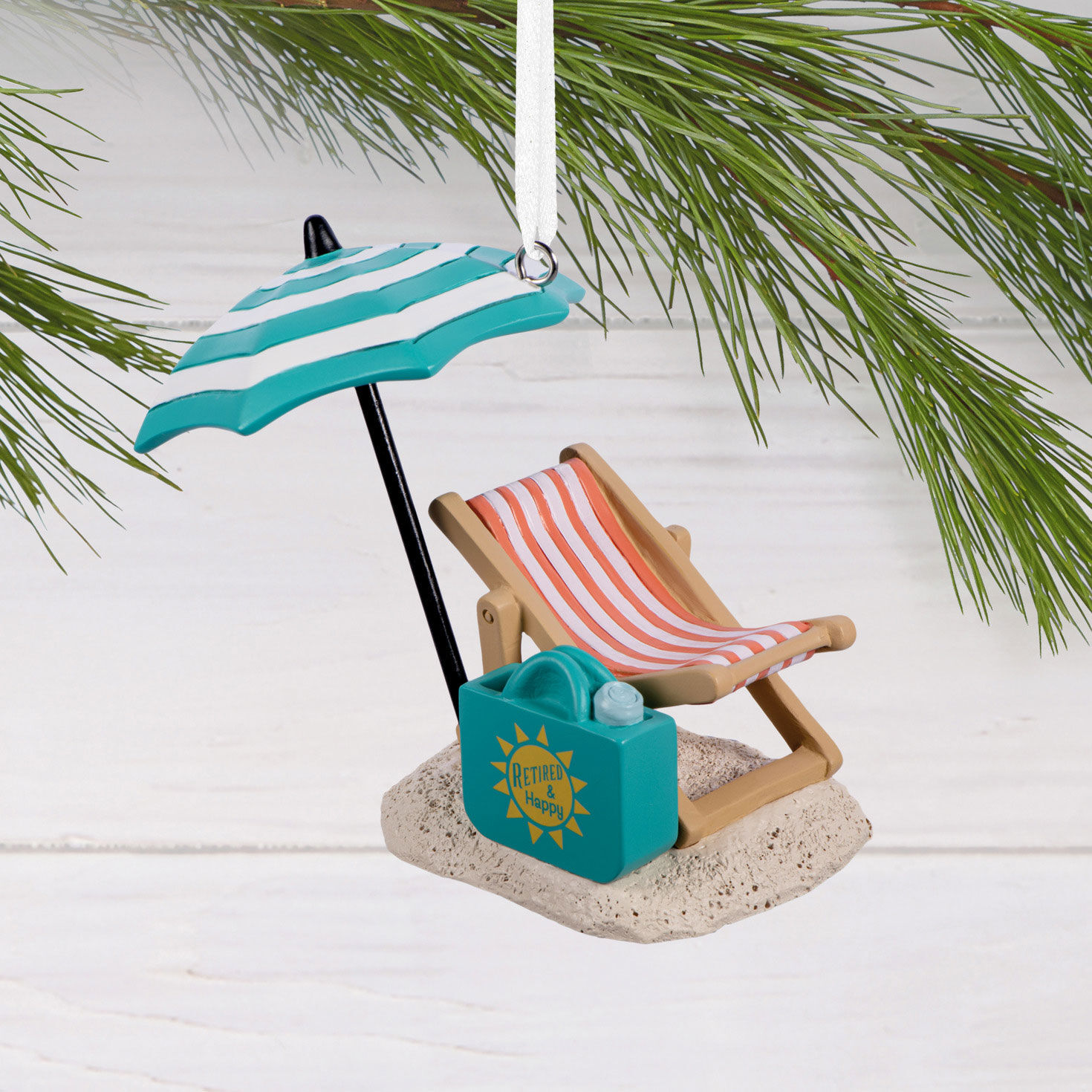 Retired and Happy Beach Chair Christmas Ornament hanging on tree image number 2