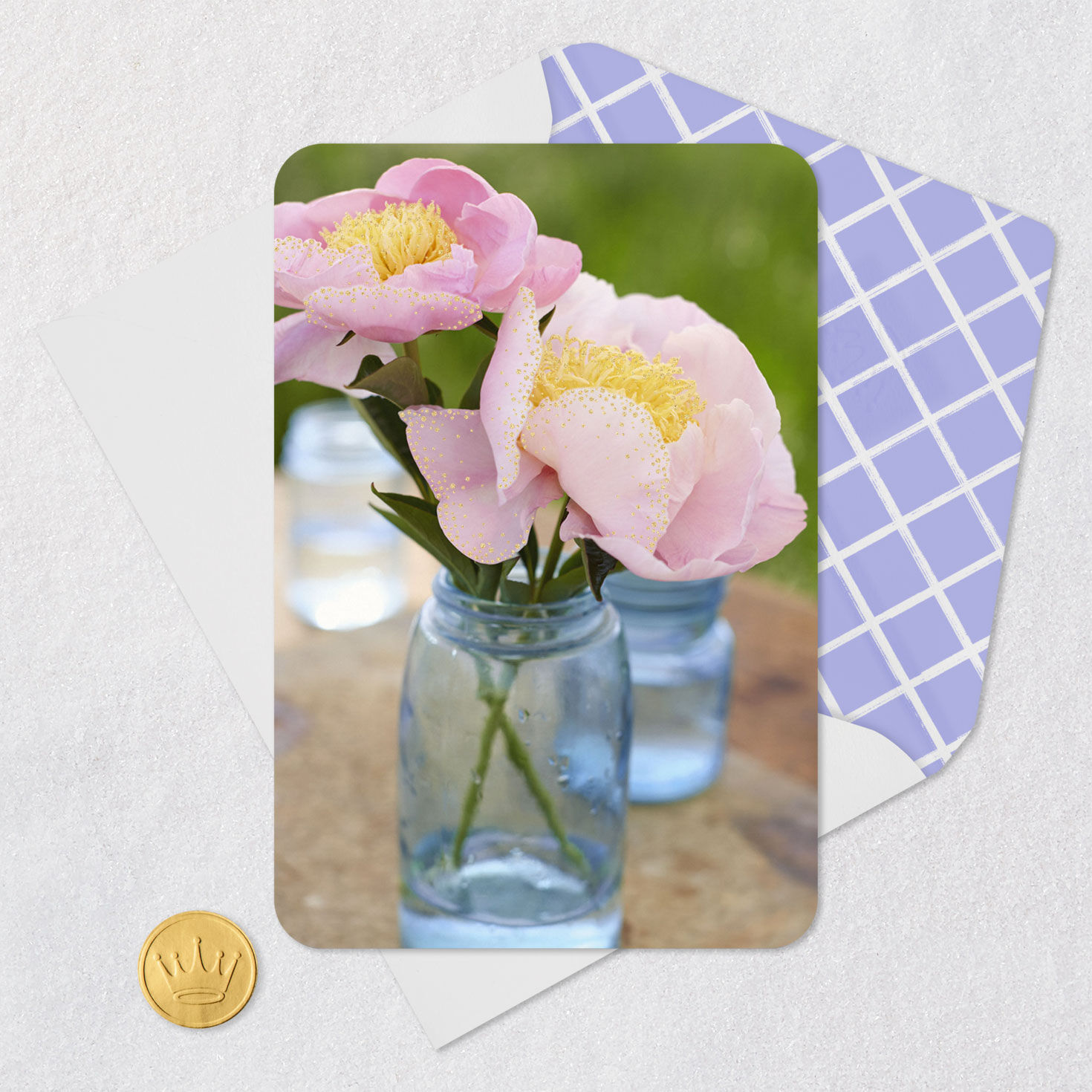 Pink Peonies in Blue Mason Jar Blank Card Card Front with Envelope and Gold Seal image number 4
