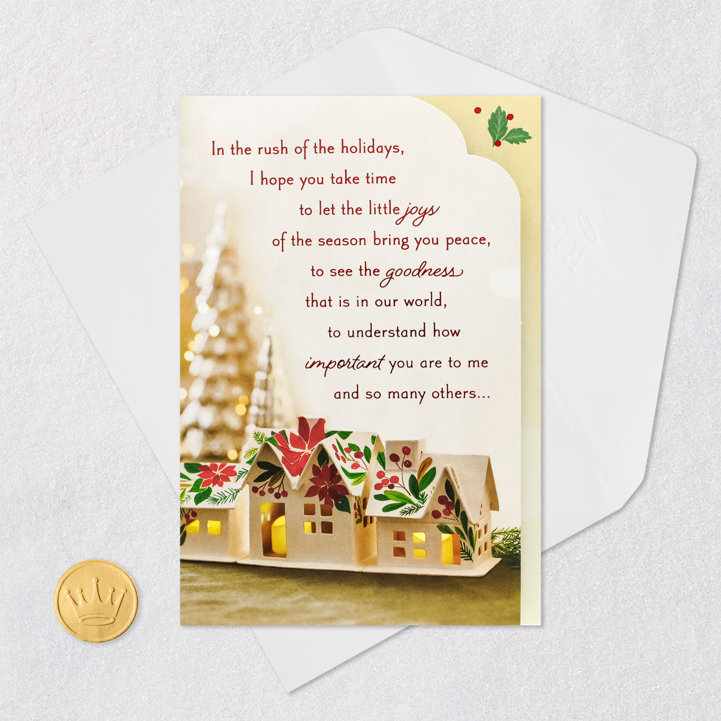 Glowing Village Poinsettia Christmas Card Card Front with Envelope and Gold Seal image number 6