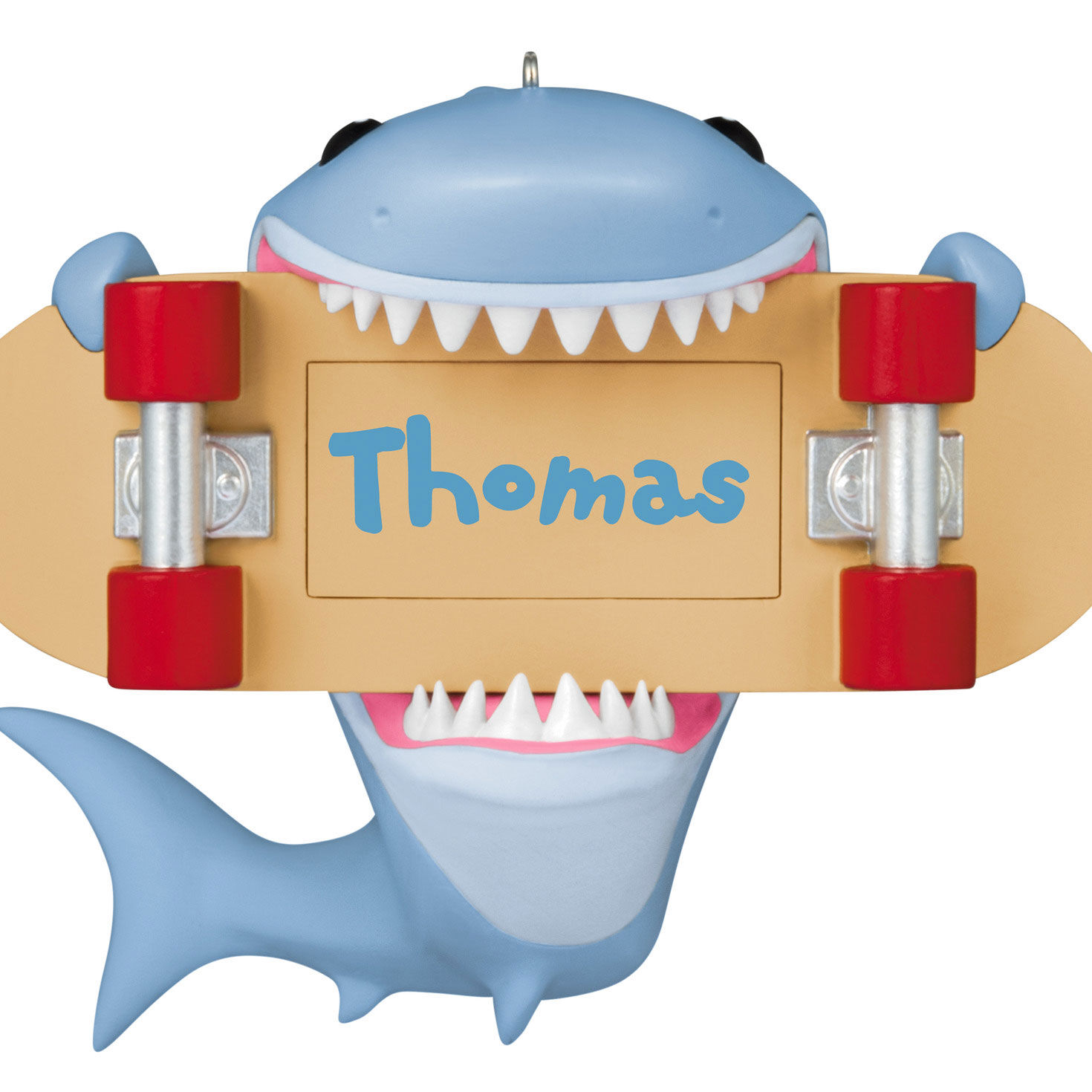 Shark With Skateboard Personalized Text Ornament upclose view image number 6