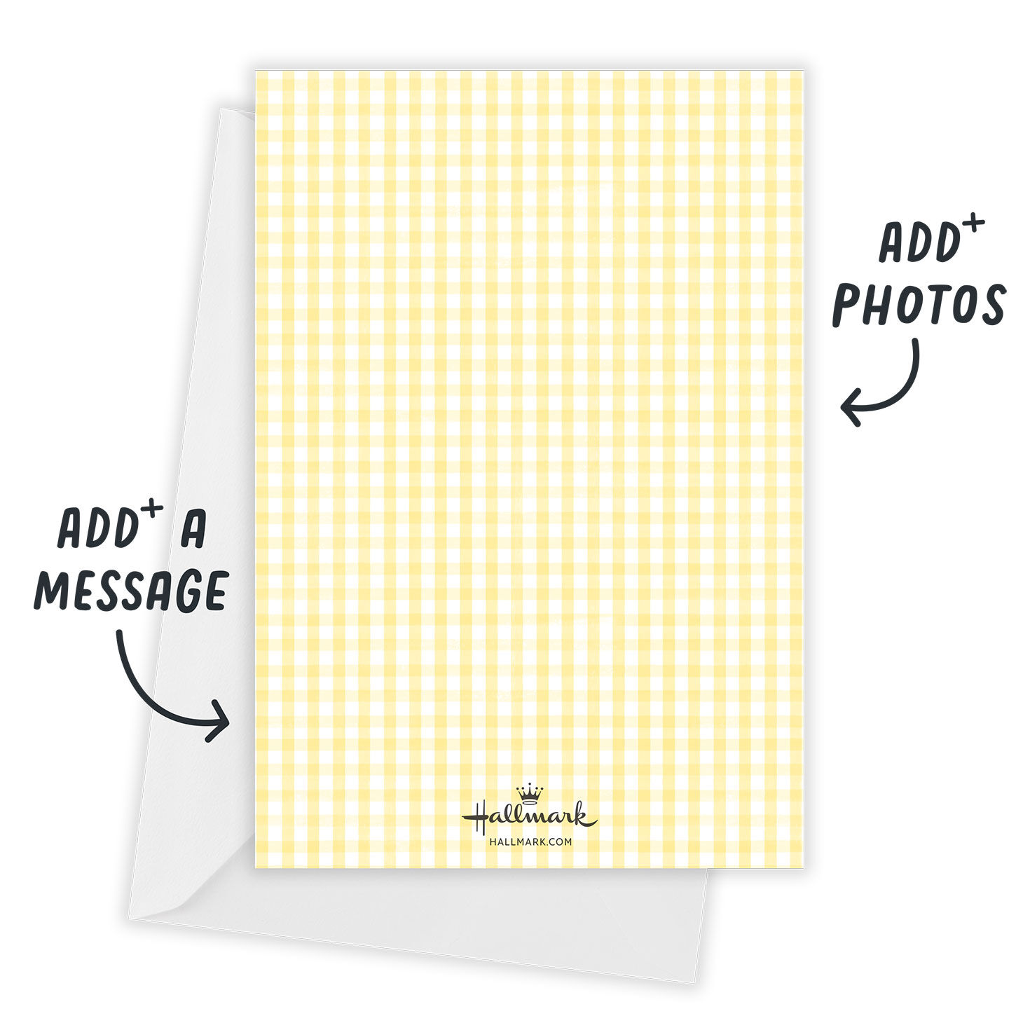 Flowers Yellow Gingham Personalized Baby Announcement Card back with Envelope indicating personalization image number 3