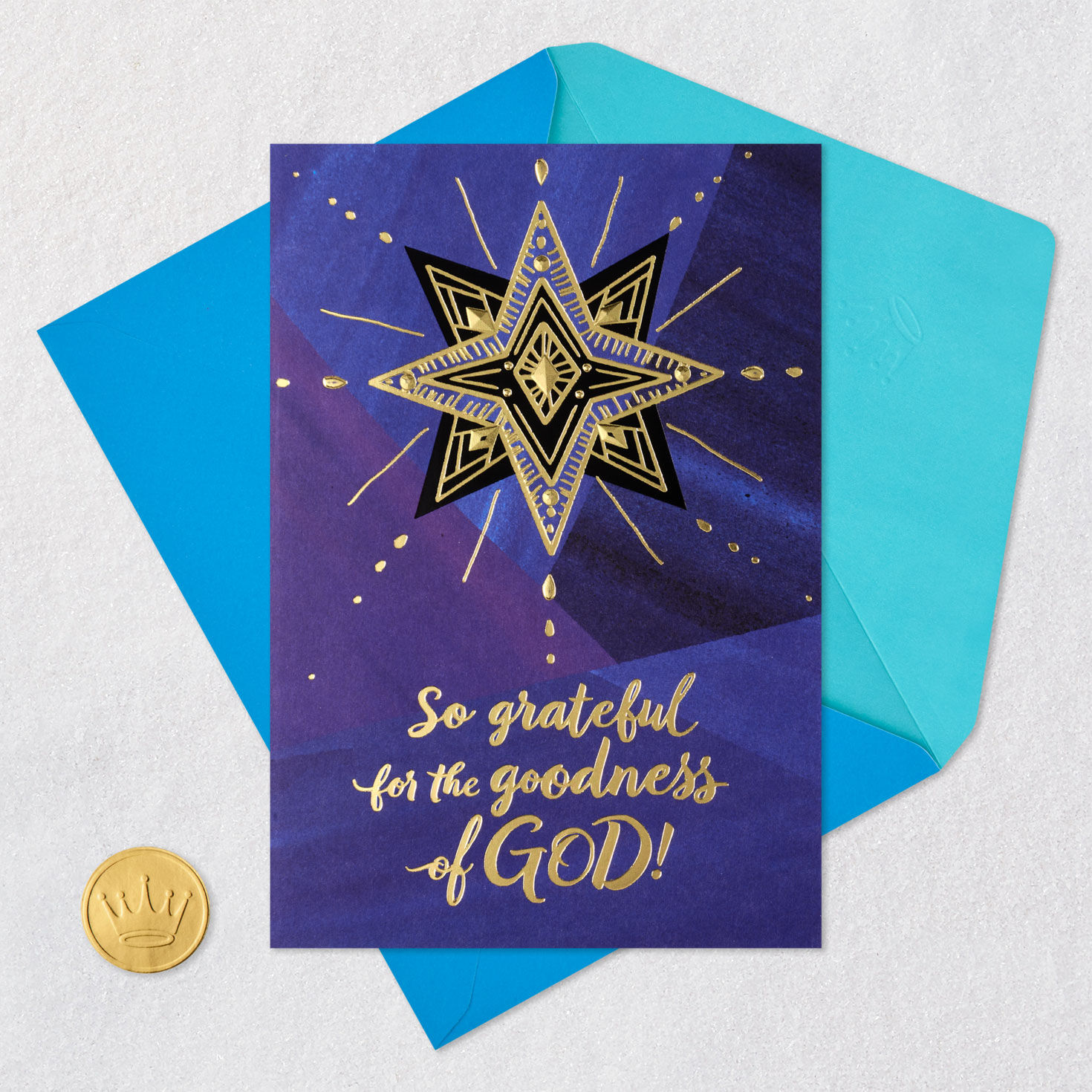 Blue and Gold Star Religious Christmas Card Card Front with Envelope and Gold Seal image number 7