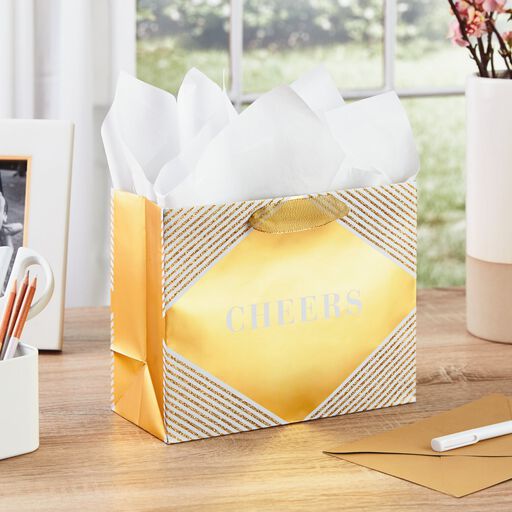 7.7" Horizontal Cheers on Gold Gift Bag With Tissue, 