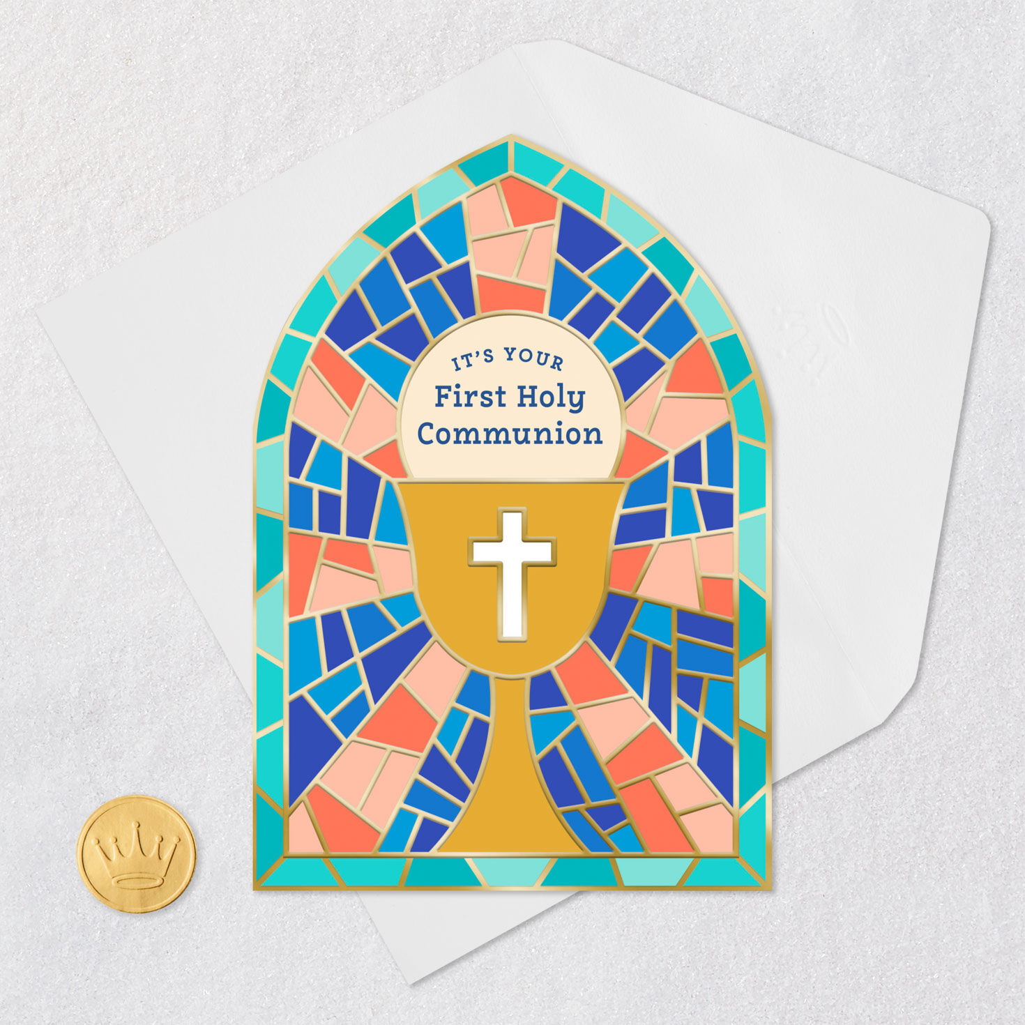 Chalice on Stained Glass First Communion Card Card Front with Envelope and Gold Seal image number 6